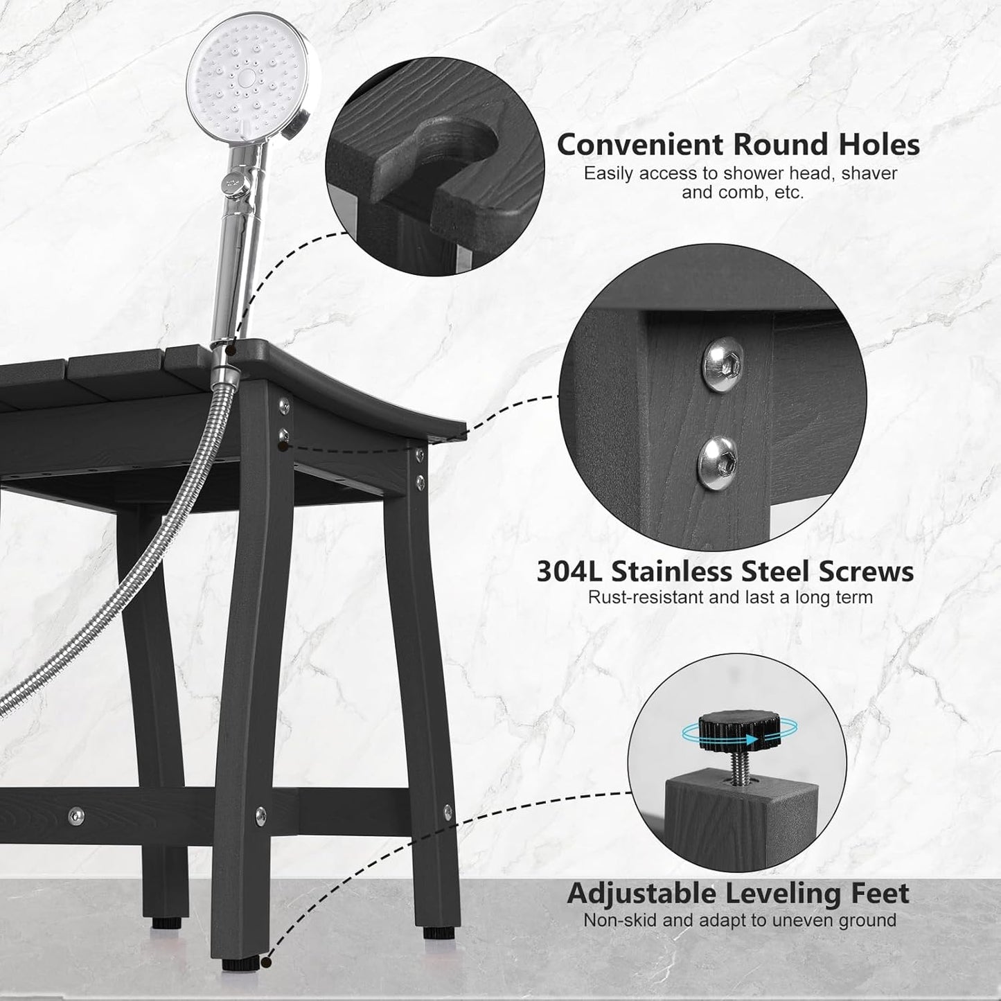 Dluxe Ave. SUEH DESIGN Shower Bench HIPS Shower Chair Waterproof Shower Stool Black