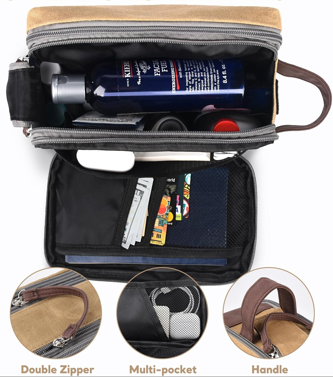 Dluxe Ave. Large Mens Toiletry Travel Bag/ Leather and Canvas/ Brown