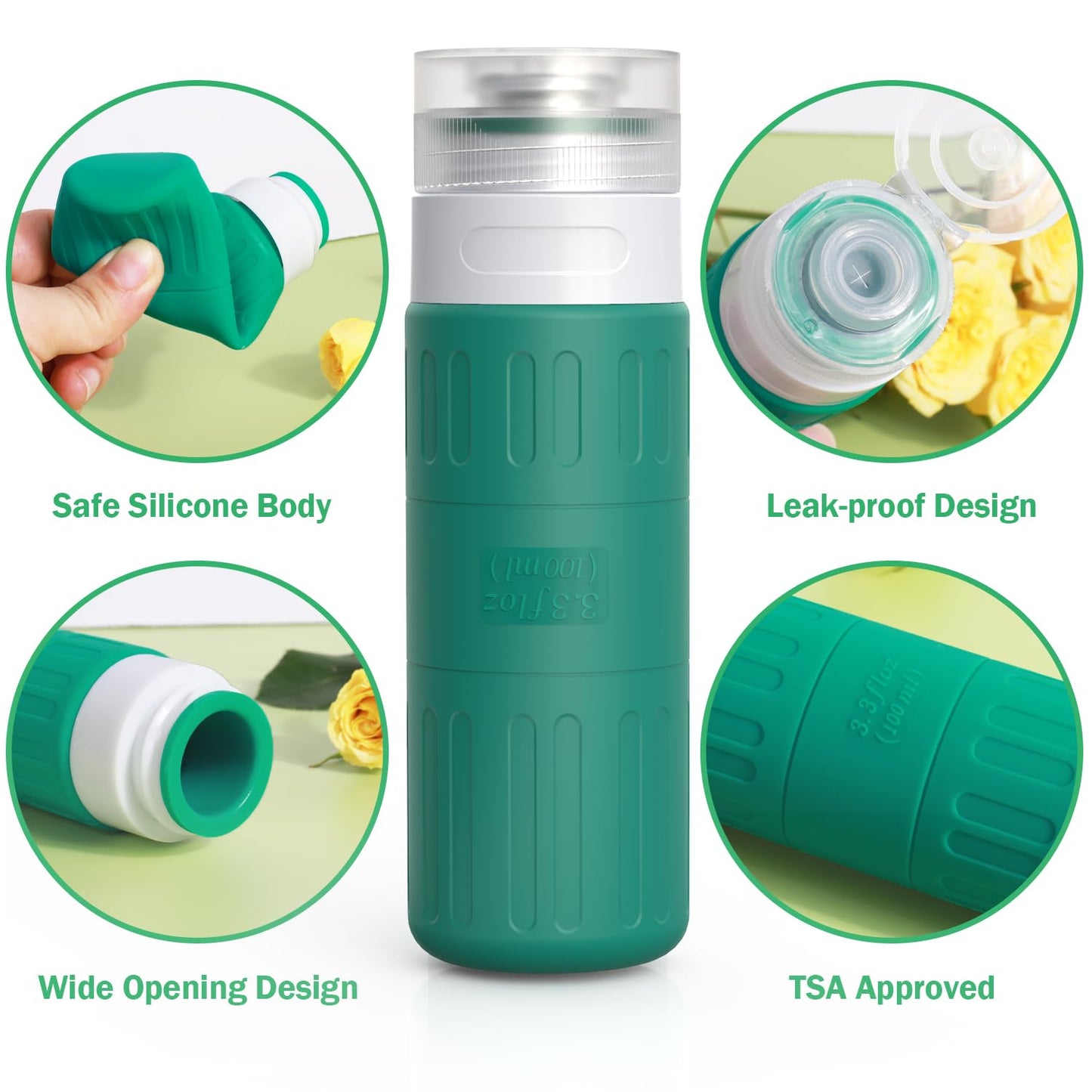 Dluxe Ave. Travel Bottles for Toiletries/ TSA Approved/ 3.3oz Leak Proof Silicone/ 18 Pack Green