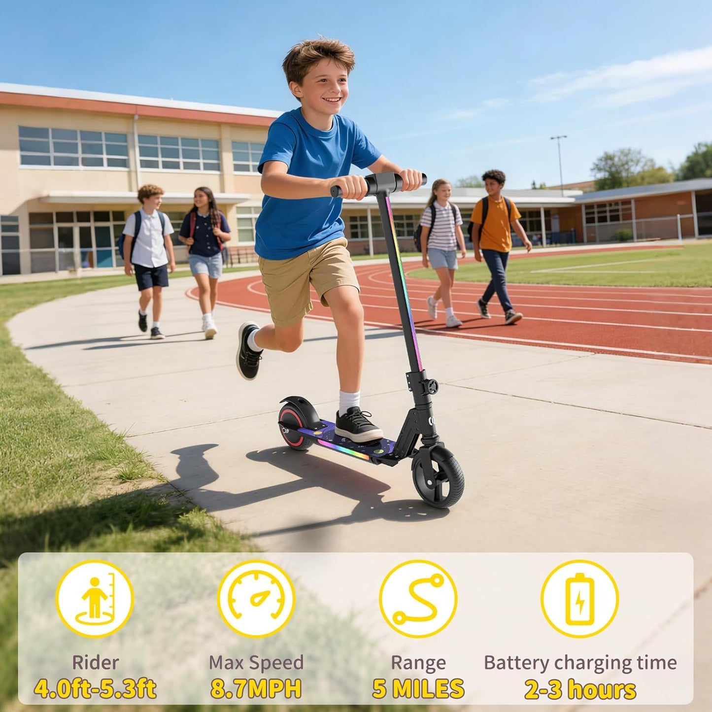 Dluxe Ave. Kids Motorized E-Scooters with Colorful Front Light and Pedal Lights/ LED Display & Foldable Dual Braking System/ Top 8.7mph & 5 Miles