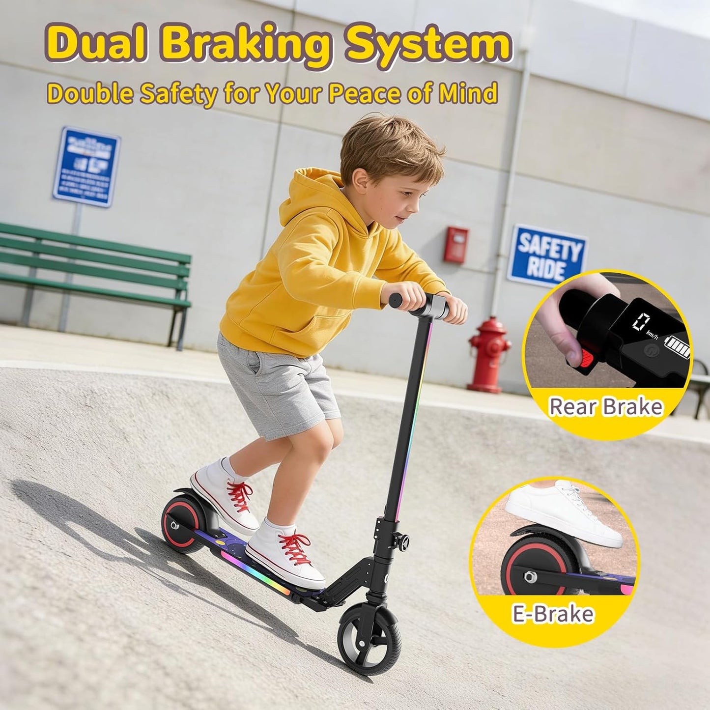 Dluxe Ave. Kids Motorized E-Scooters with Colorful Front Light and Pedal Lights/ LED Display & Foldable Dual Braking System/ Top 8.7mph & 5 Miles