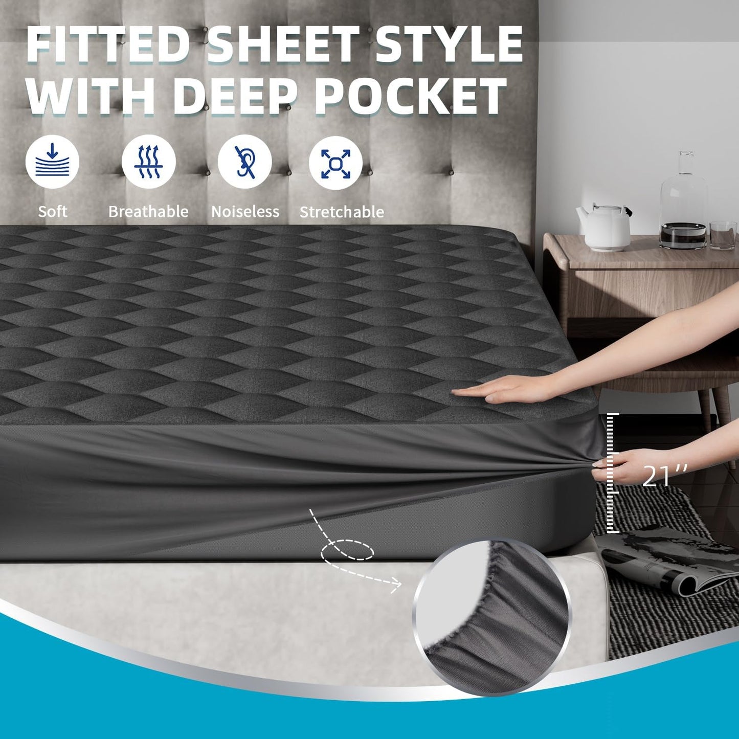 Dluxe Ave. ( KING ) Mattress Protector Noiseless Pad,  Fitted Up to 8-21 inches (Gray)
