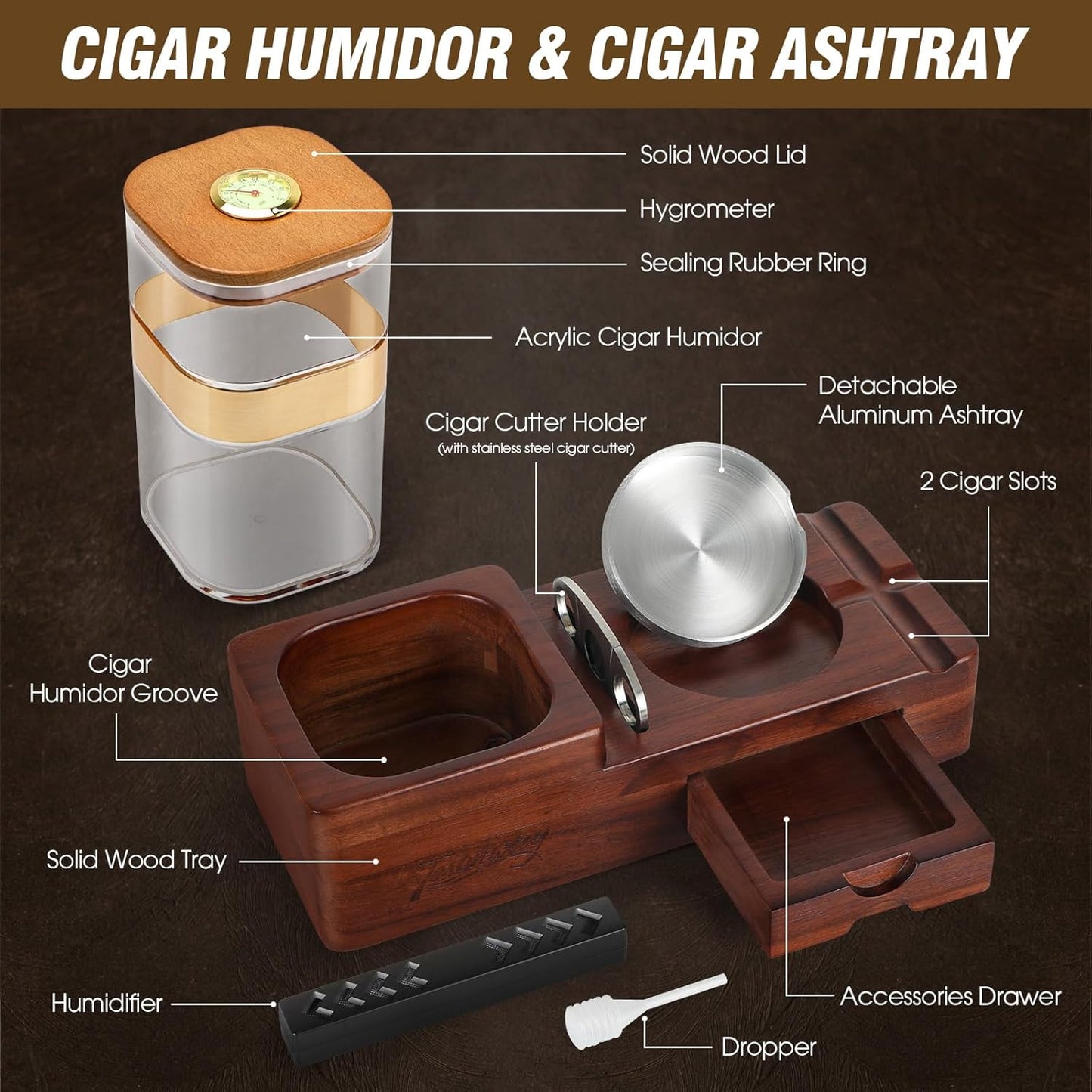 Dluxe Ave.  Cigar Humidor and Ashtray Set/ Wood