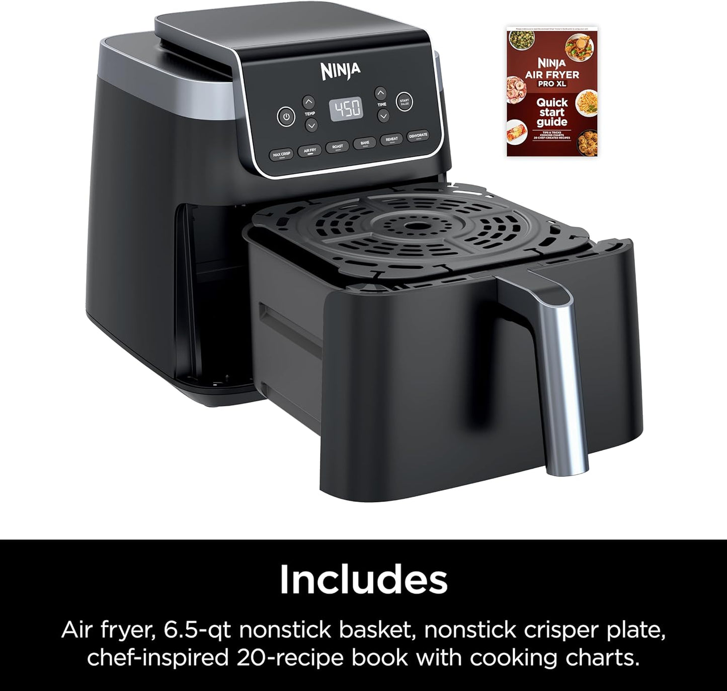 Dluxe Ave. Ninja Air Fryer Pro XL 6-in-1 with 6.5 QT Capacity Max Crisp Air Fry Air Roast Bake Reheat Dehydrate Max Crisp Technology with 450F Nonstick Basket & Crisper Plate Grey AF181