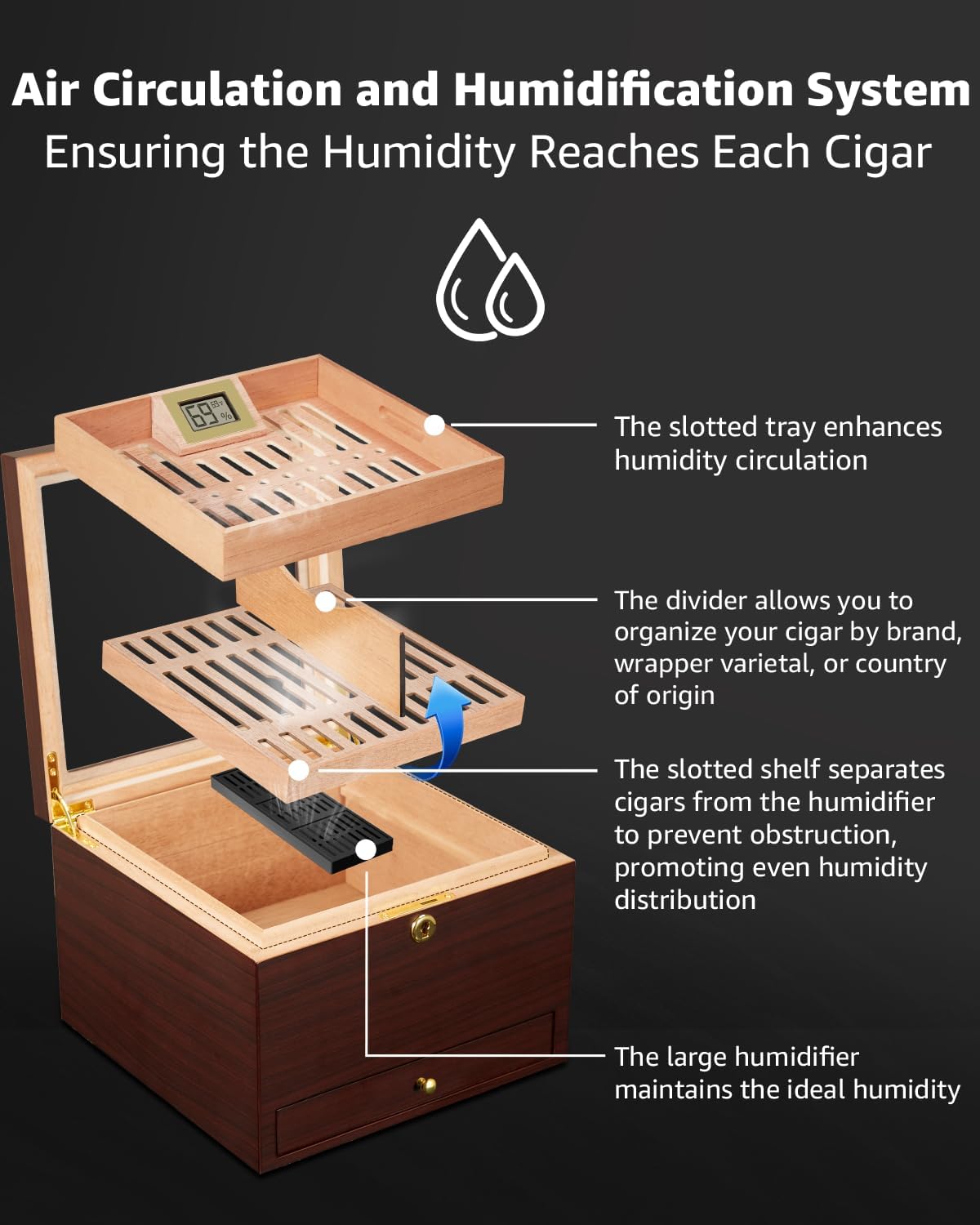 Dluxe Ave. Cigar Humidor with Lock Air Circulation System up to 70 Cigars