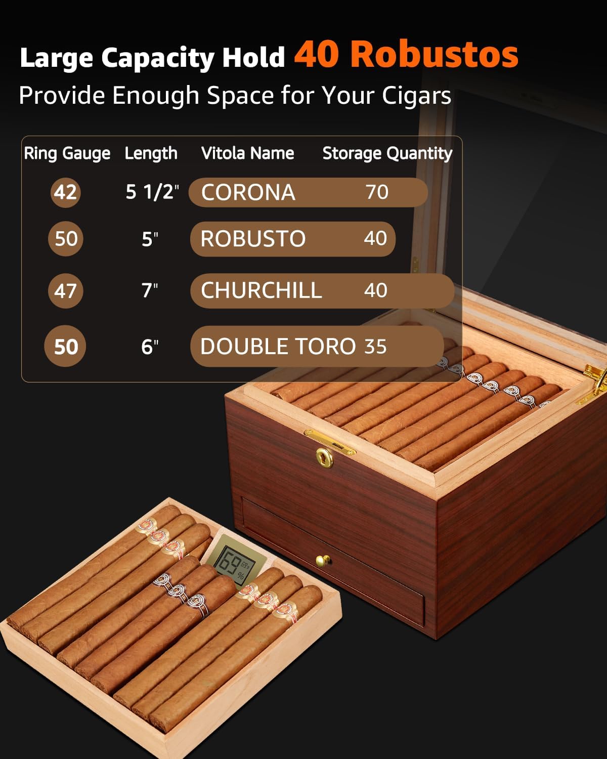 Dluxe Ave. Cigar Humidor with Lock Air Circulation System up to 70 Cigars