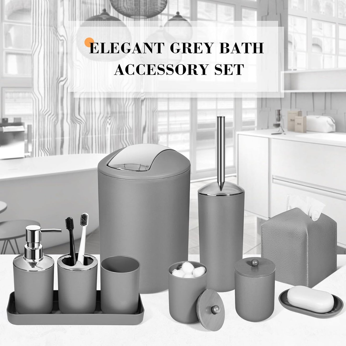 Dluxe Ave. ALPIRIRAL Grey Bathroom Accessories Set 10Pcs Bathroom Accessory Set with Trash Can