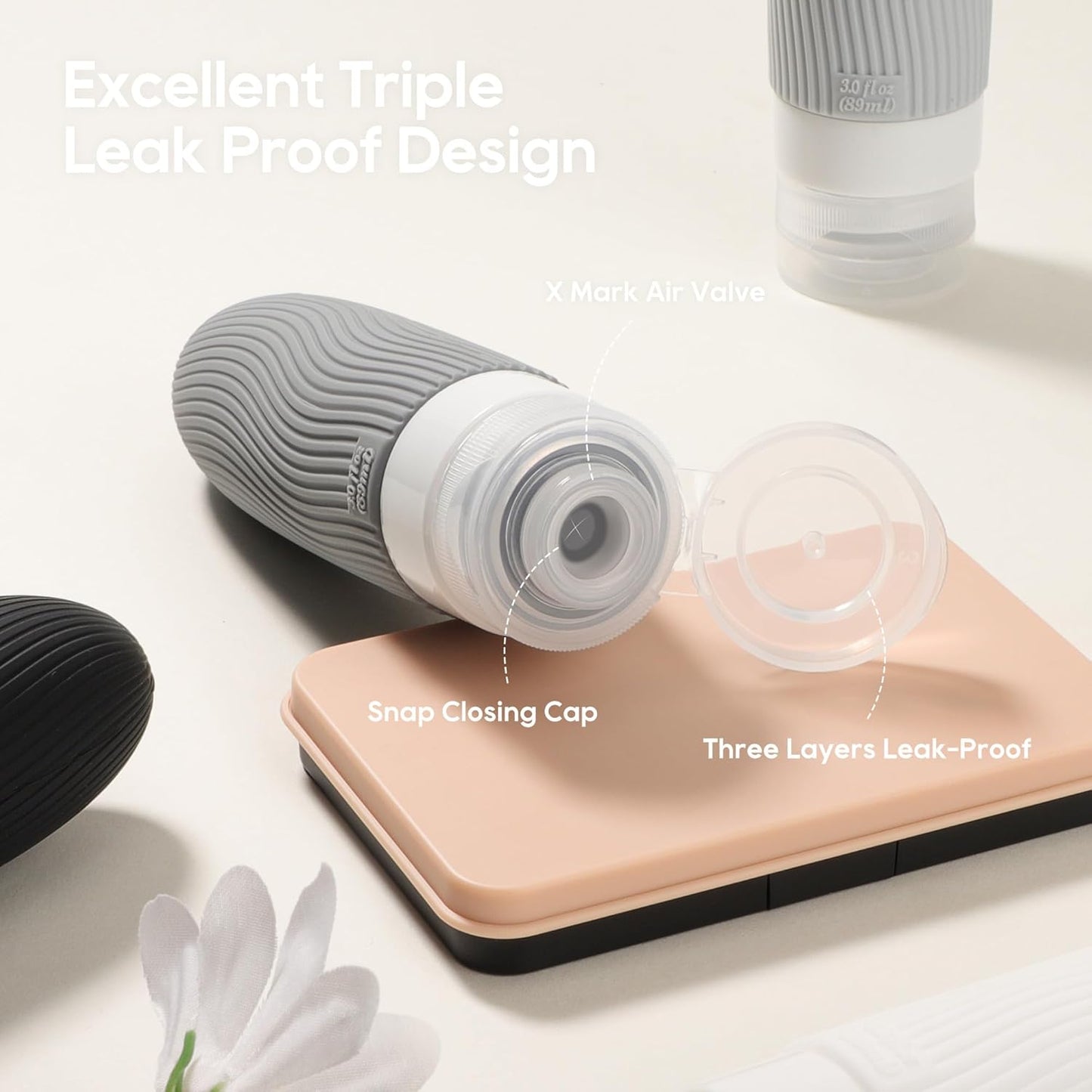 Dluxe Ave. Silicone Travel Bottles for Toiletries/ TSA Approved/ 3oz Leakproof/ BPA Free Refillable / Black White & Grey