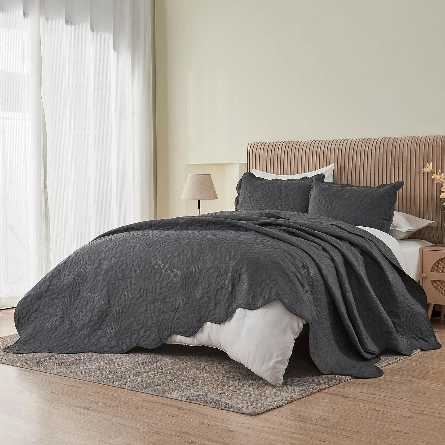 Dluxe Ave. ( TALL KING/ CALI. KING ) 3 Pcs Oversized Bedspreads/ 128x120 Extra Wide Quilt Set/ Dark Grey
