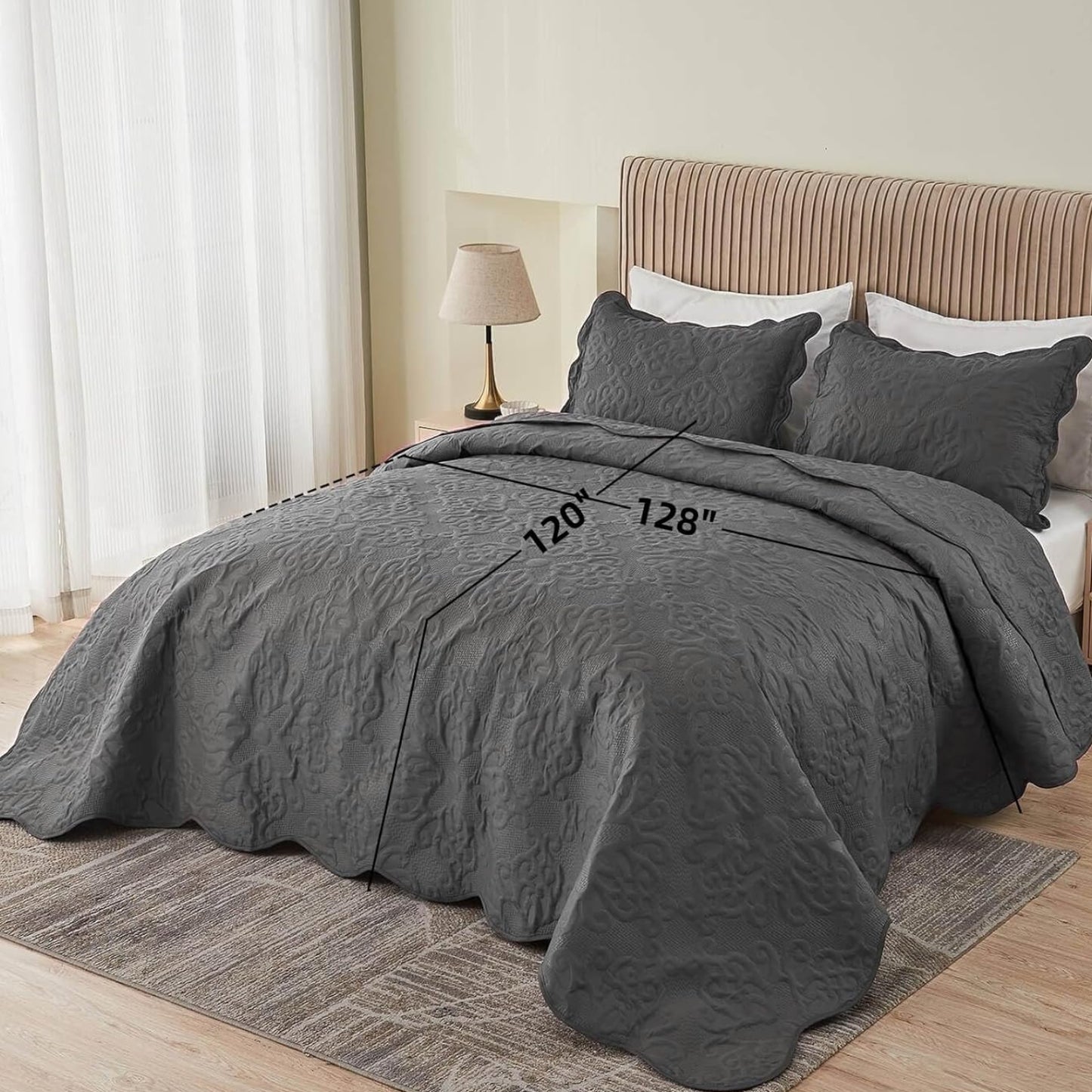 Dluxe Ave. ( TALL KING/ CALI. KING ) 3 Pcs Oversized Bedspreads/ 128x120 Extra Wide Quilt Set/ Dark Grey