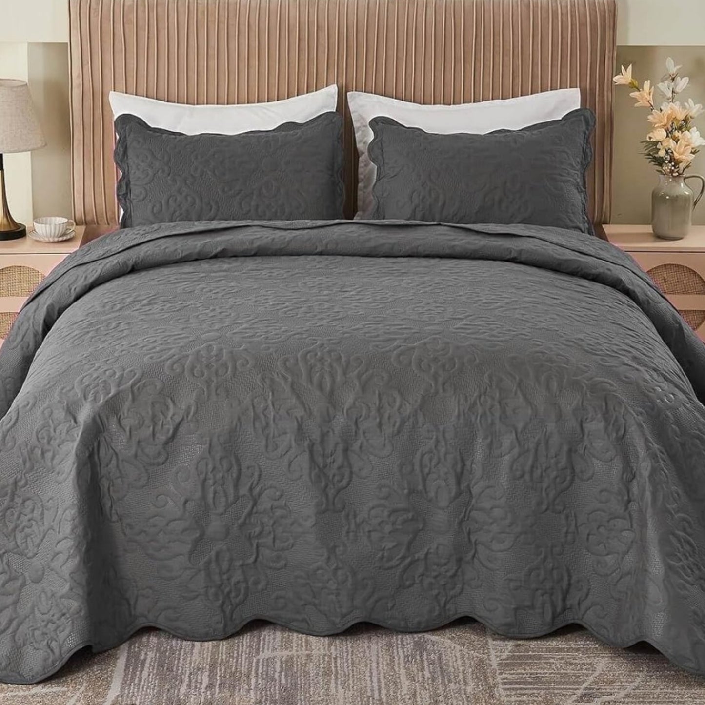Dluxe Ave. ( TALL KING/ CALI. KING ) 3 Pcs Oversized Bedspreads/ 128x120 Extra Wide Quilt Set/ Dark Grey