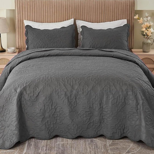 Dluxe Ave. ( TALL KING/ CALI. KING ) 3 Pcs Oversized Bedspreads/ 128x120 Extra Wide Quilt Set/ Dark Grey