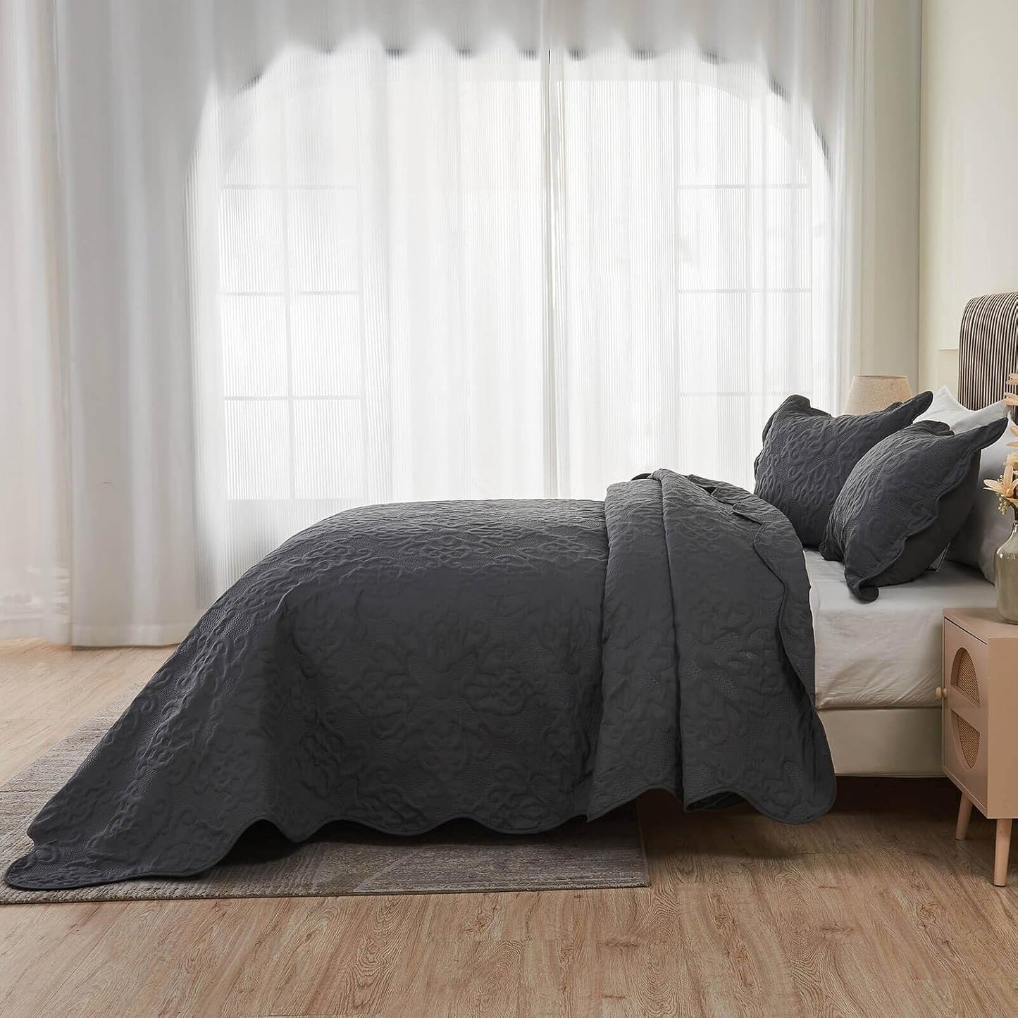 Dluxe Ave. ( TALL KING/ CALI. KING ) 3 Pcs Oversized Bedspreads/ 128x120 Extra Wide Quilt Set/ Dark Grey