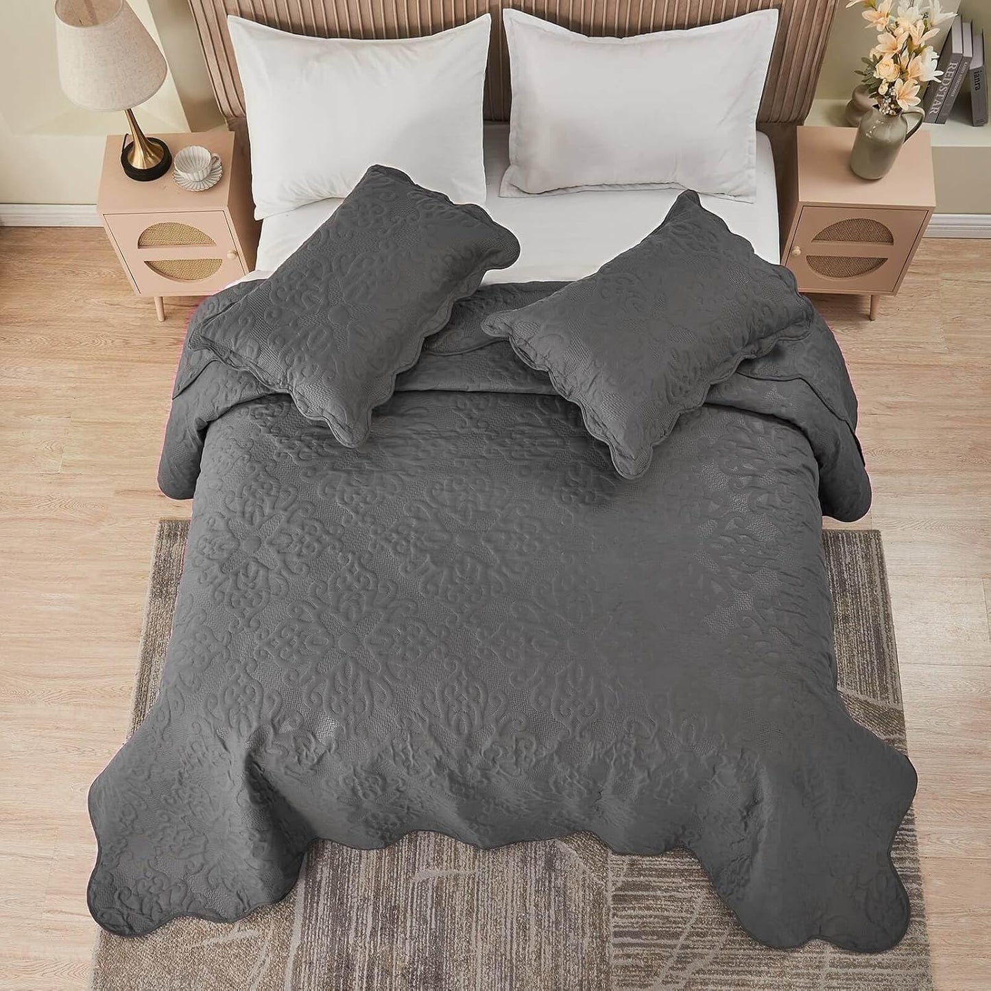 Dluxe Ave. ( TALL KING/ CALI. KING ) 3 Pcs Oversized Bedspreads/ 128x120 Extra Wide Quilt Set/ Dark Grey