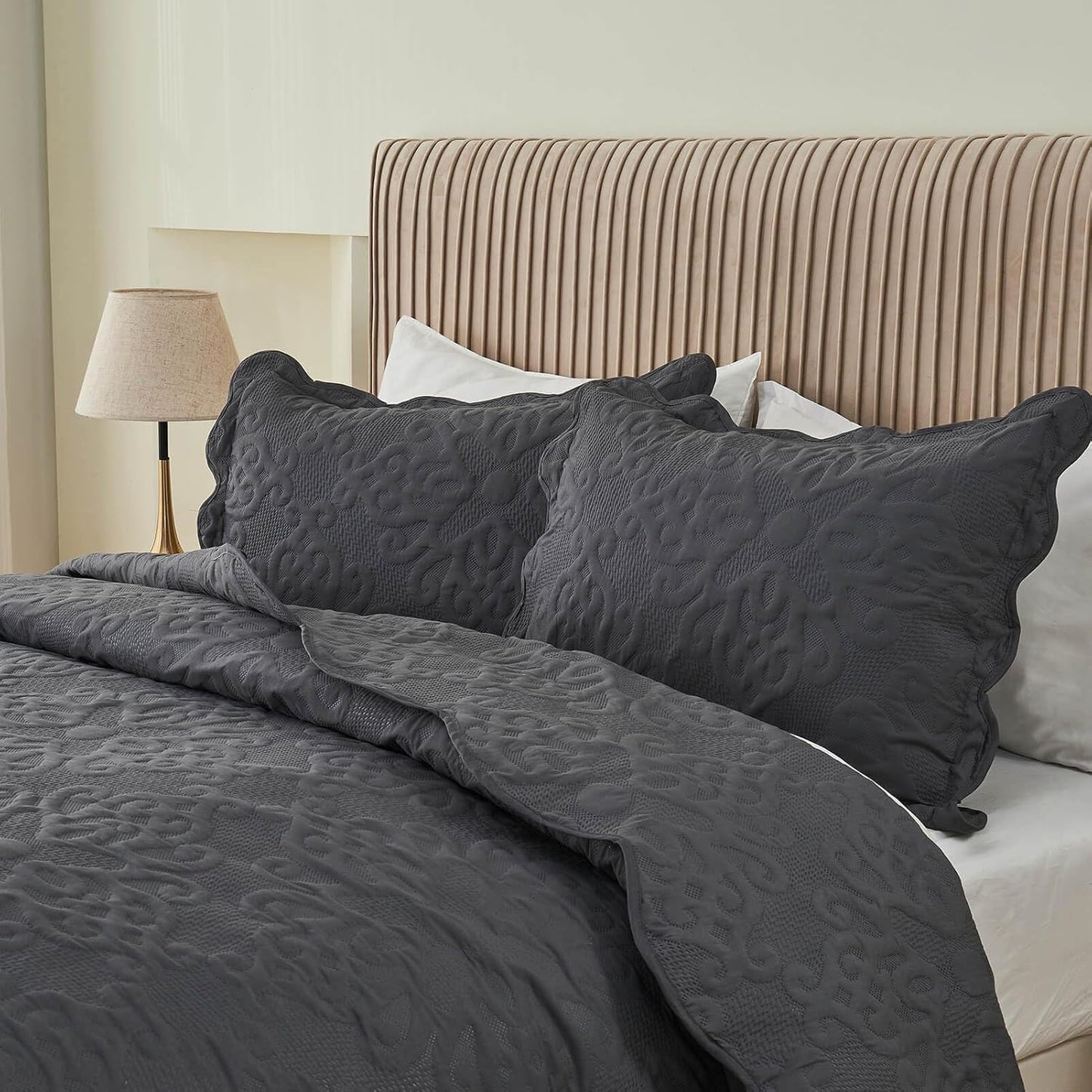 Dluxe Ave. ( TALL KING/ CALI. KING ) 3 Pcs Oversized Bedspreads/ 128x120 Extra Wide Quilt Set/ Dark Grey