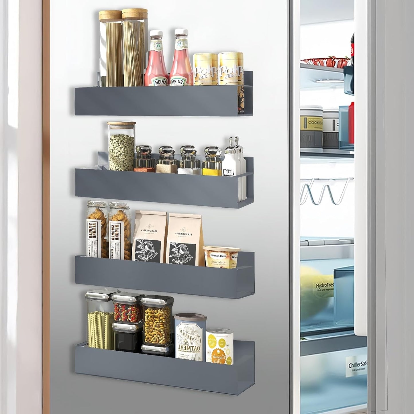 Dluxe Ave. 4 Pack Magnetic Spice Rack Organizer Refrigerator/ Grey