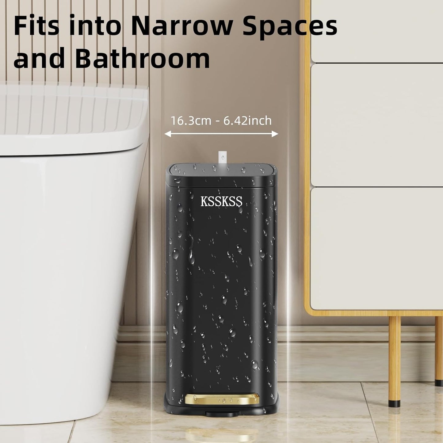 Dluxe Ave. KSSKSS Small Bathroom Trash Can with Charcoal Filters Soft Close Lid 6L / 1.6 Gallon Stainless Steel Garbage Can with Removable Inner Bucket Foot Pedal Slim Trash Can for Bedroom Home (Matt Black)
