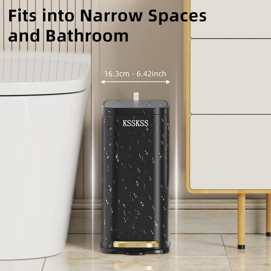 Dluxe Ave. KSSKSS Small Bathroom Trash Can with Charcoal Filters Soft Close Lid 6L / 1.6 Gallon Stainless Steel Garbage Can with Removable Inner Bucket Foot Pedal Slim Trash Can for Bedroom Home (Matt Black)