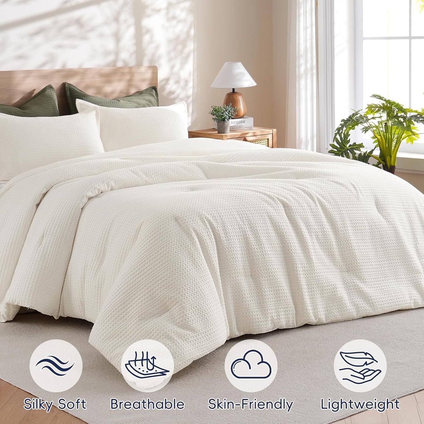 Dluxe Ave. ( KING ) 3 Pcs Cream Waffle Weave Comforter Set/ Ultra Soft Textured/ for All Season/ Cream