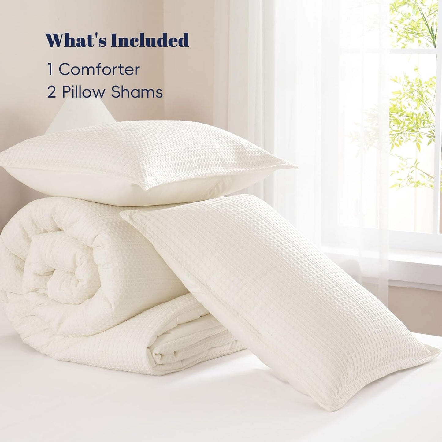 Dluxe Ave. ( KING ) 3 Pcs Cream Waffle Weave Comforter Set/ Ultra Soft Textured/ for All Season/ Cream