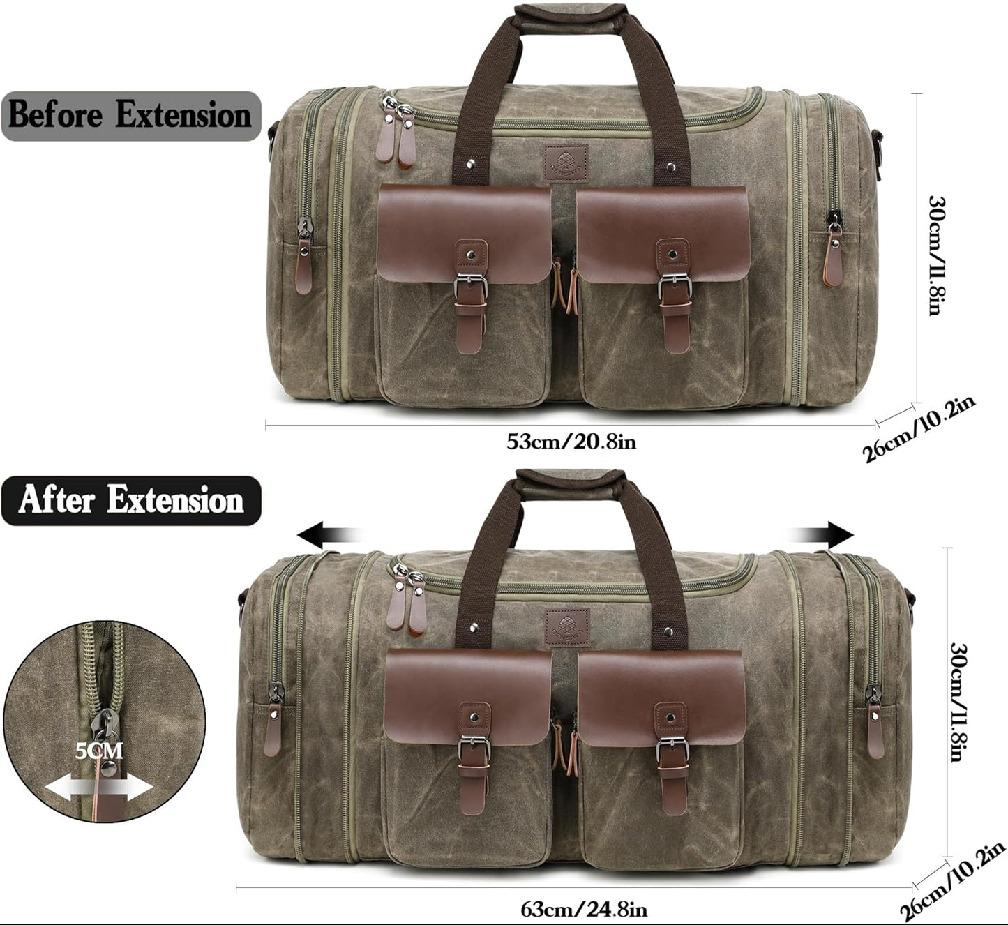 Dluxe Ave. 60L Travel Duffel Bags Expandable/ Genuine Leather/ (Vintage Grey) X Large