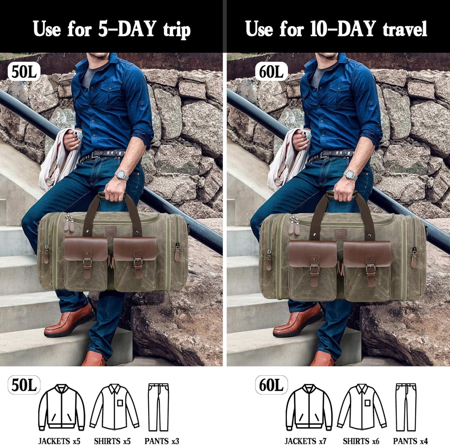 Dluxe Ave. 60L Travel Duffel Bags Expandable/ Genuine Leather/ (Vintage Grey) X Large