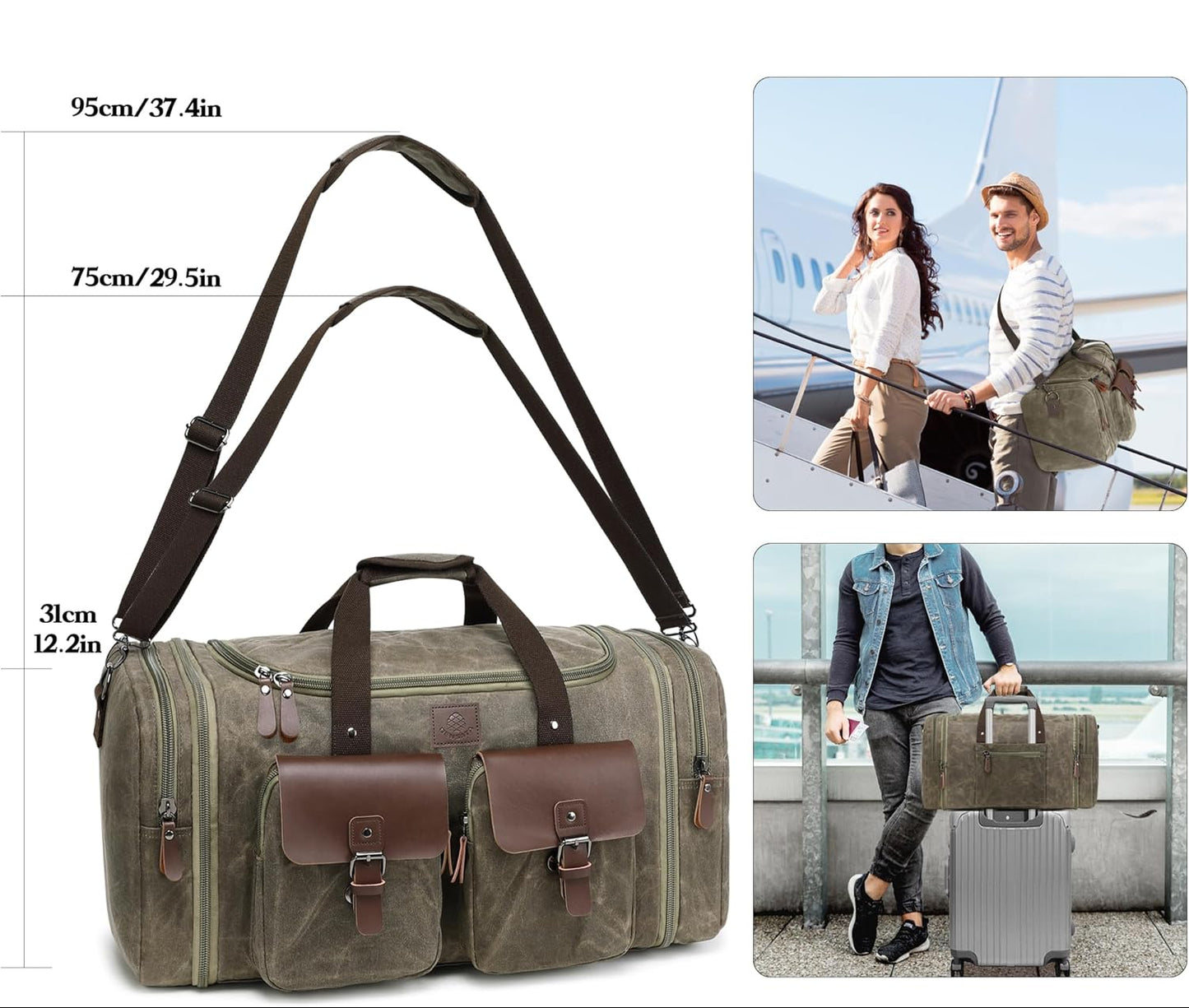 Dluxe Ave. 60L Travel Duffel Bags Expandable/ Genuine Leather/ (Vintage Grey) X Large