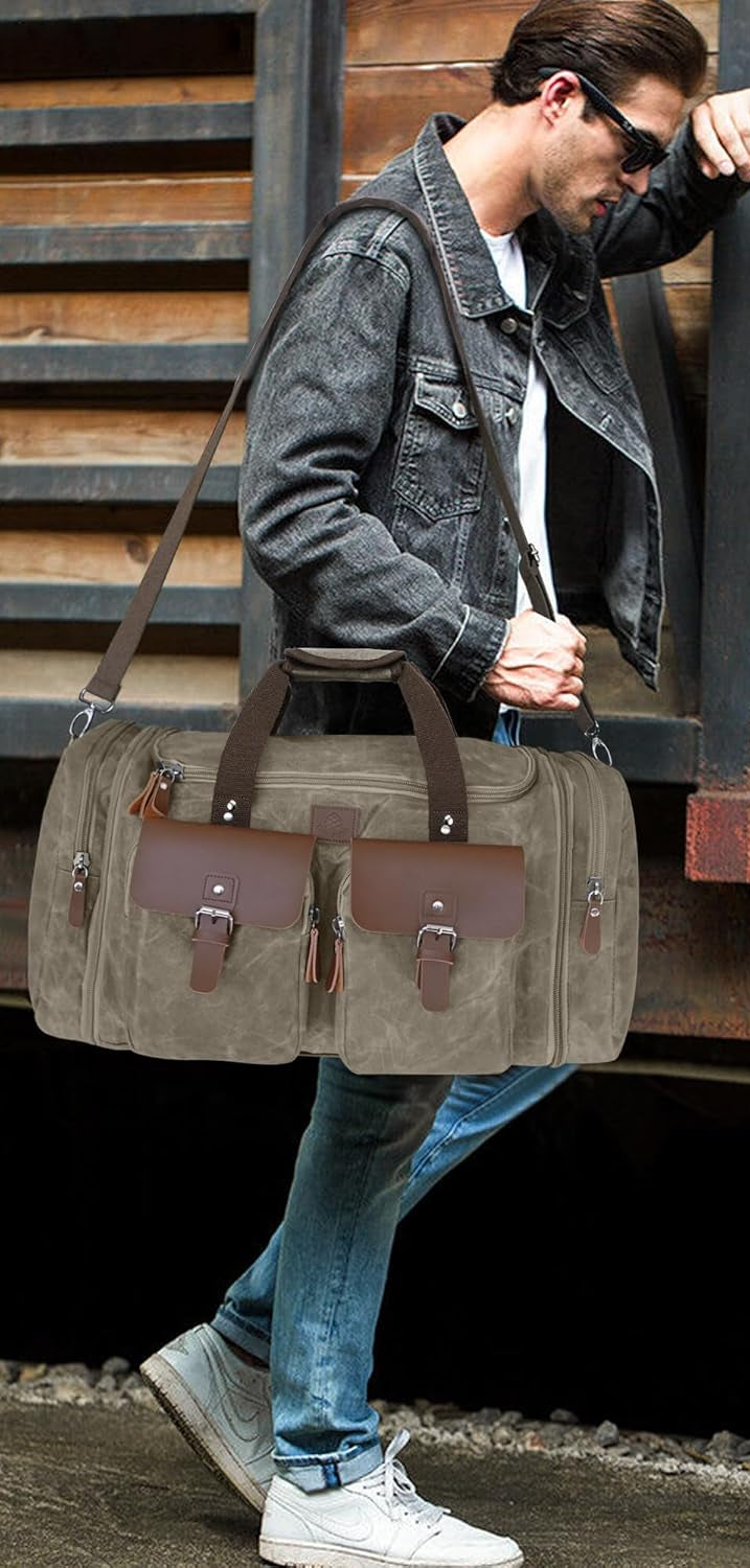 Dluxe Ave. 60L Travel Duffel Bags Expandable/ Genuine Leather/ (Vintage Grey) X Large