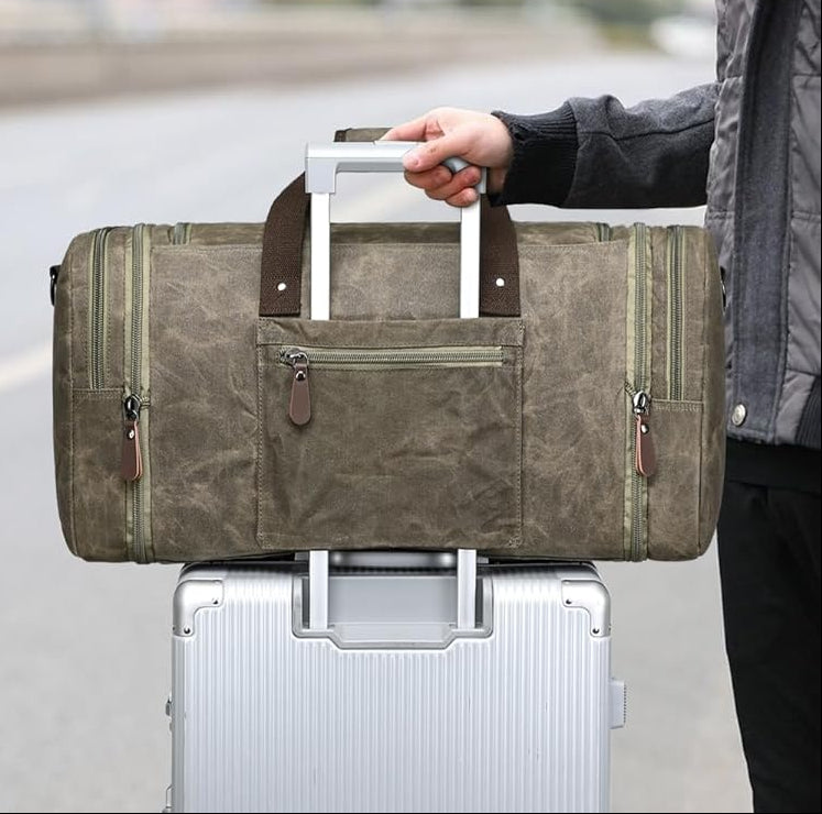 Dluxe Ave. 60L Travel Duffel Bags Expandable/ Genuine Leather/ (Vintage Grey) X Large