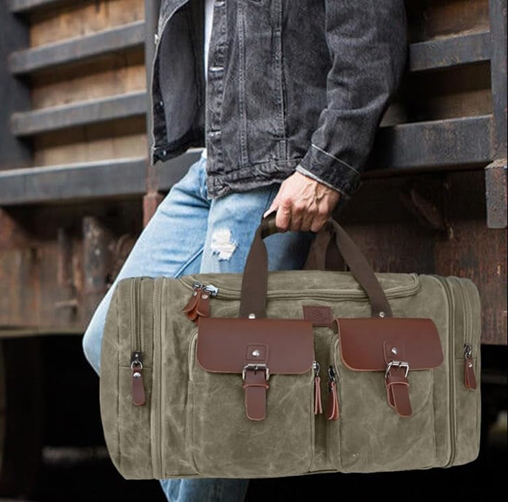Dluxe Ave. 60L Travel Duffel Bags Expandable/ Genuine Leather/ (Vintage Grey) X Large