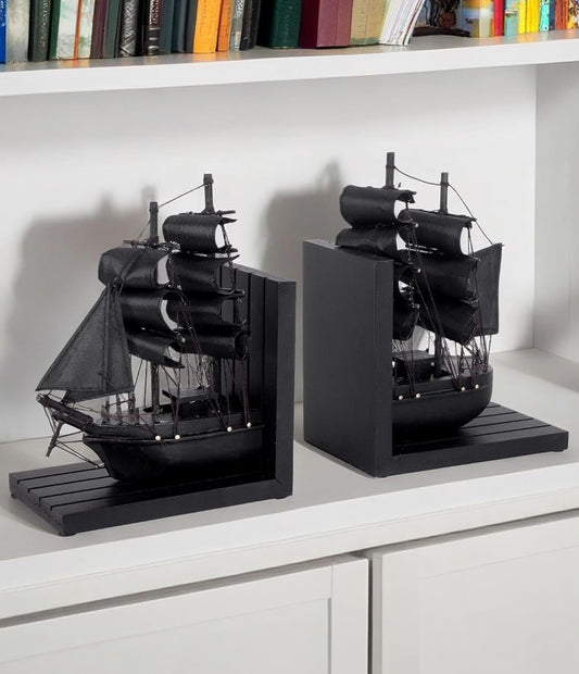 Dluxe Ave. Wooden Ship bookends The Black Pearl Pirate 10" Prebuilt Caribbean Coastal Sailboat Decor