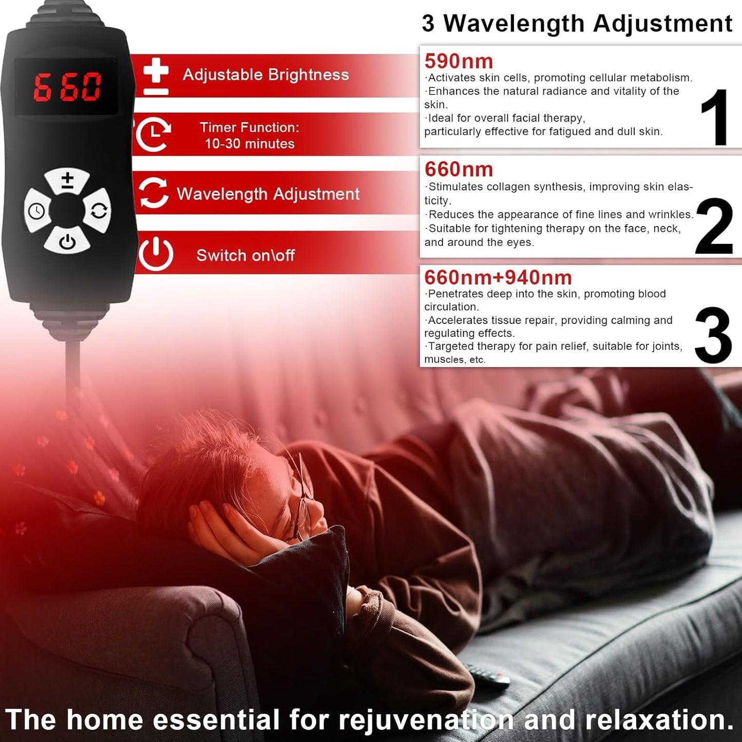Dluxe Ave.  Red Light Therapy for Face/ 3 in 1 LED Chip/ 590+660+940nm-infrared Light