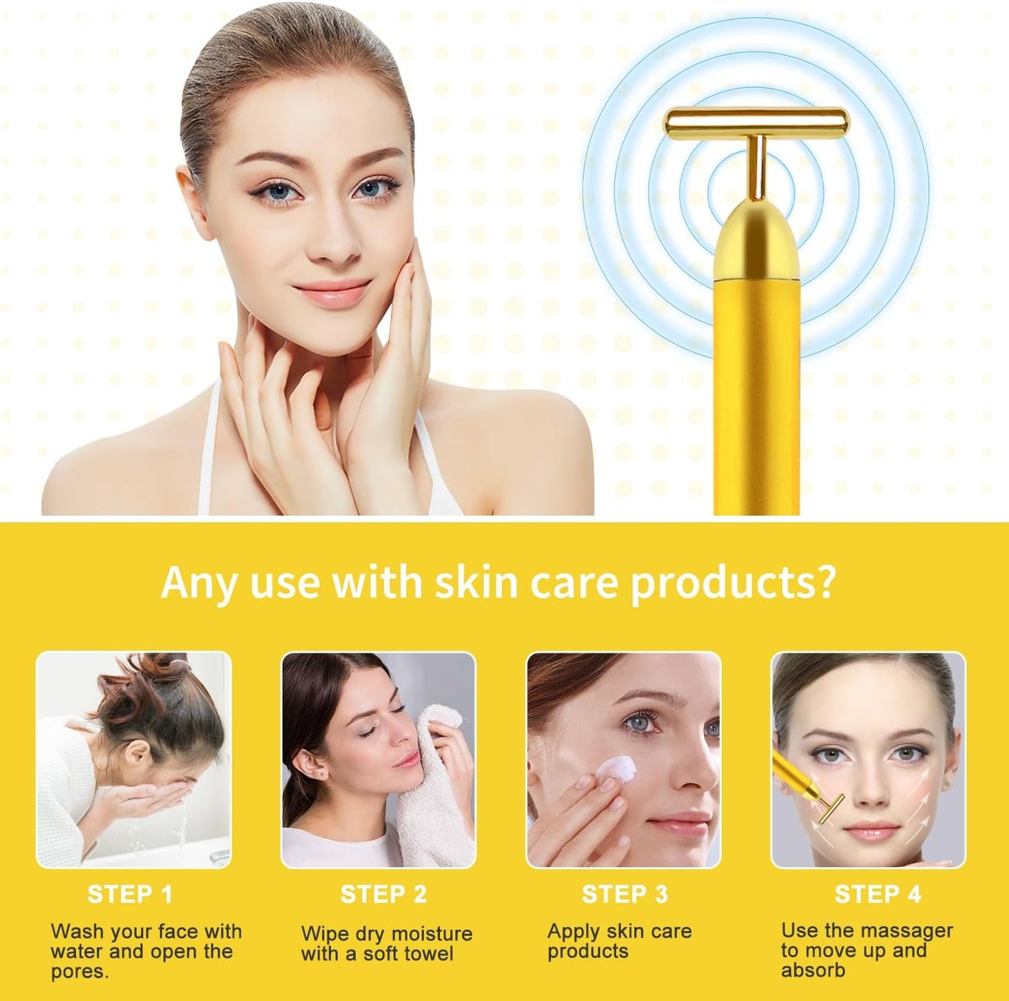 Dluxe Ave. Face Massager Electric Skin Care Tool 24k Golden T Shape Beauty Bar & 3D Roller Massager Vibration Facial Lifting and Body Treatment Tool Kit Reduce Puffiness Improve Wrinkles Anti Aging Device