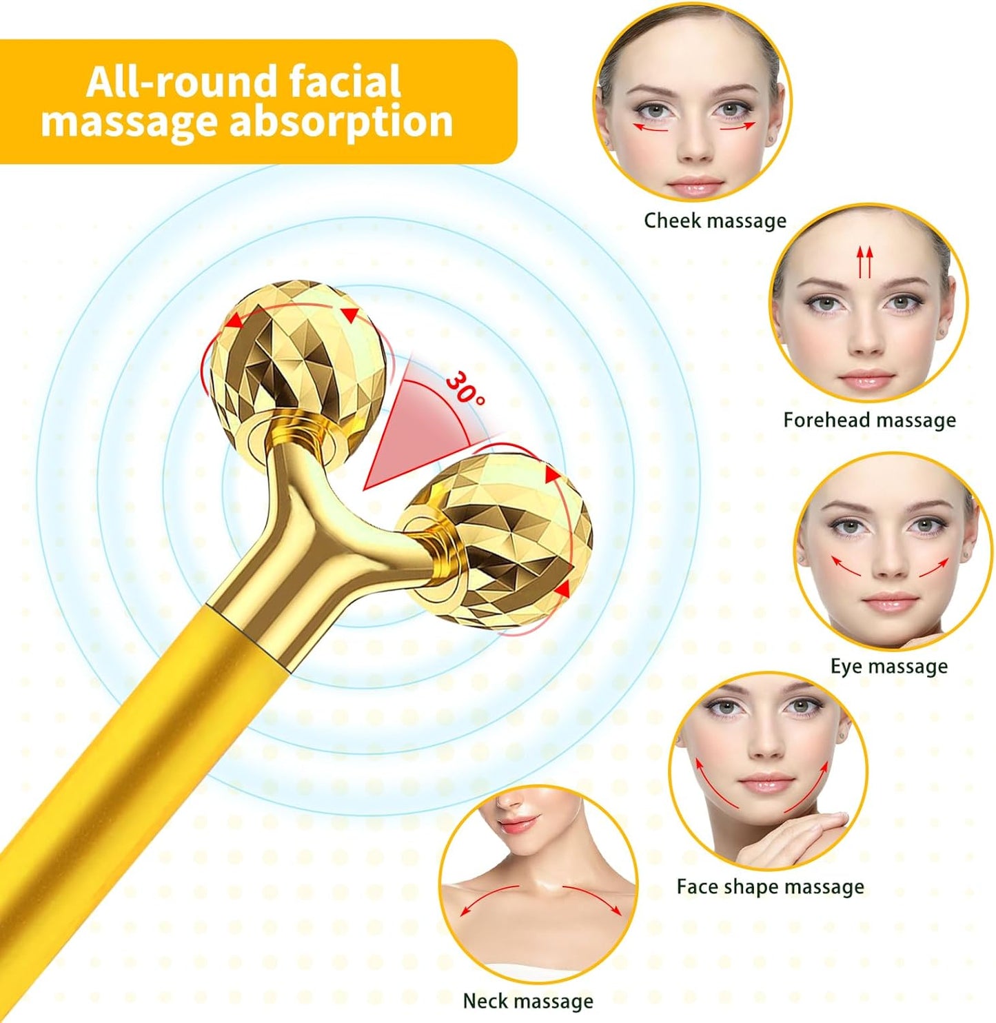 Dluxe Ave. Face Massager Electric Skin Care Tool 24k Golden T Shape Beauty Bar & 3D Roller Massager Vibration Facial Lifting and Body Treatment Tool Kit Reduce Puffiness Improve Wrinkles Anti Aging Device
