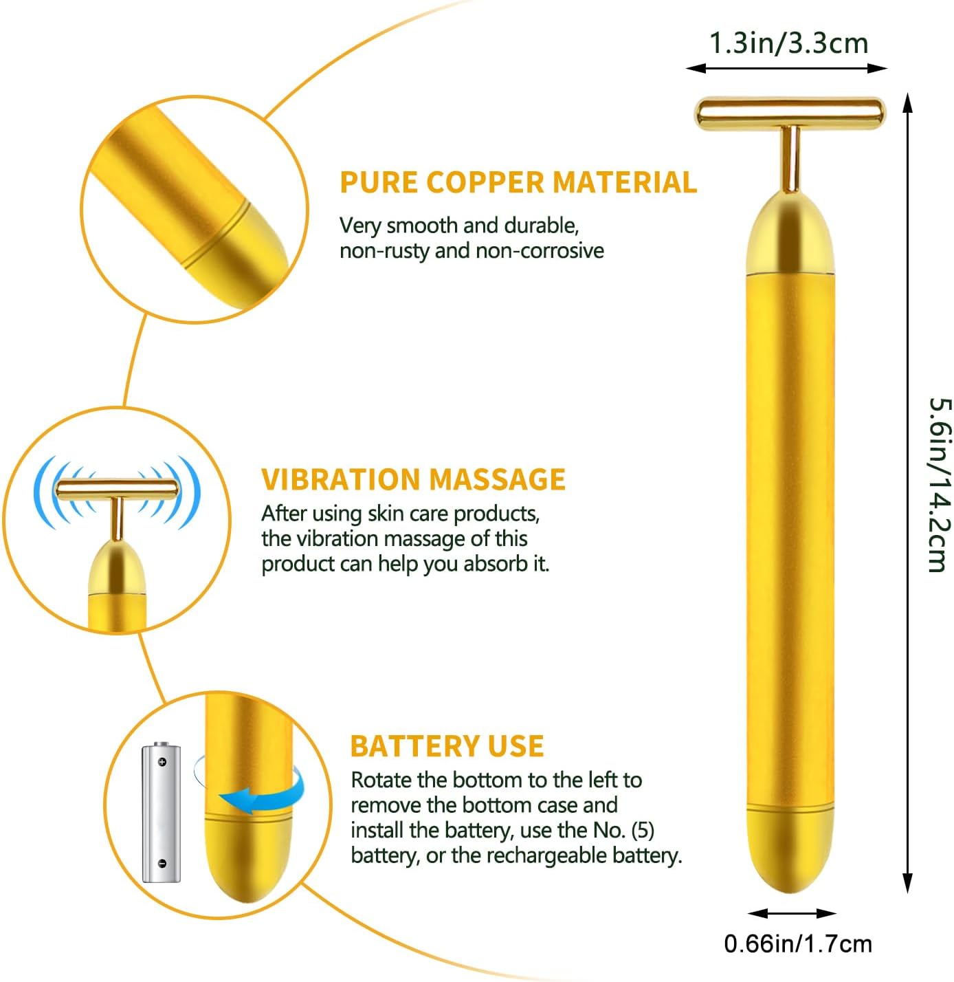 Dluxe Ave. Face Massager Electric Skin Care Tool 24k Golden T Shape Beauty Bar & 3D Roller Massager Vibration Facial Lifting and Body Treatment Tool Kit Reduce Puffiness Improve Wrinkles Anti Aging Device