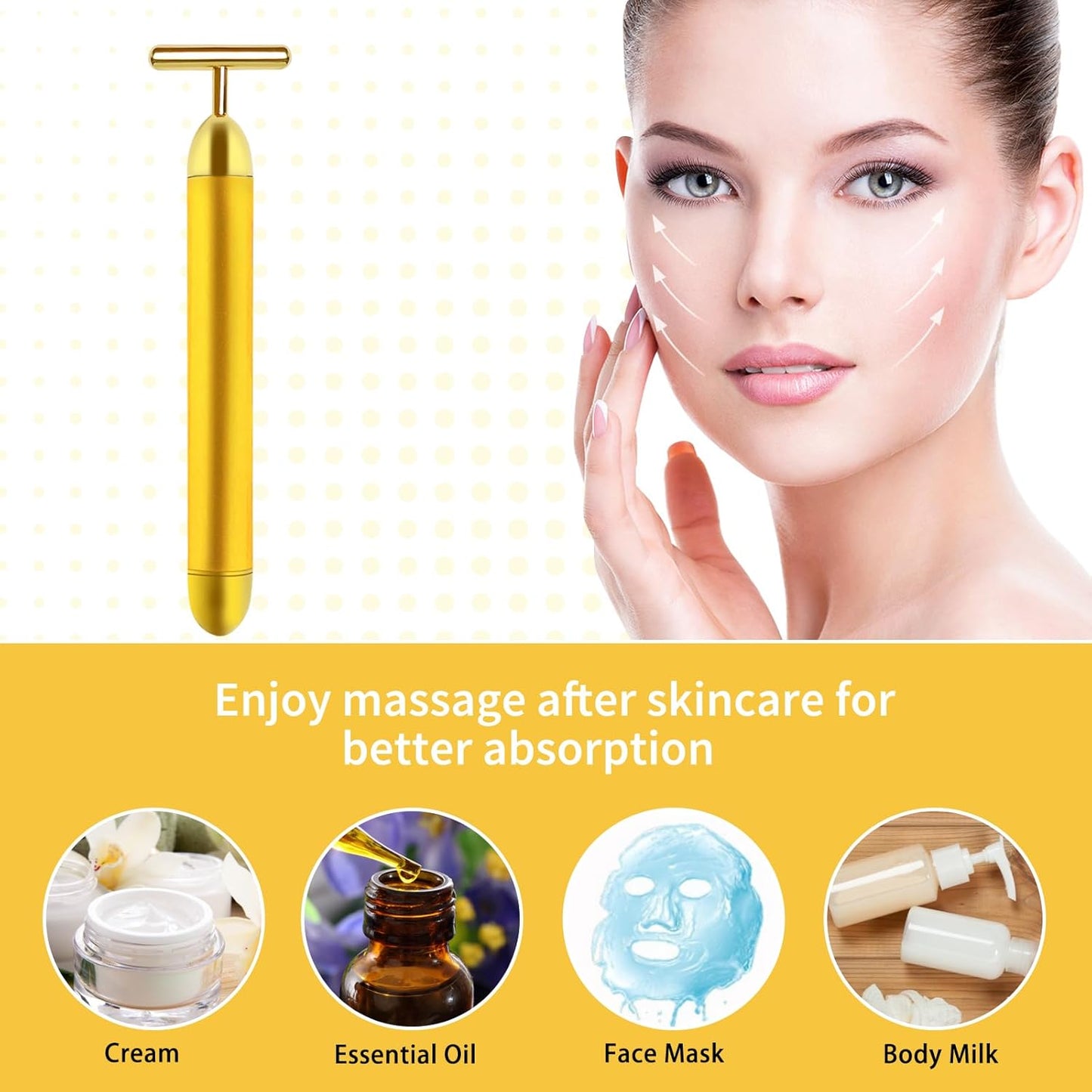 Dluxe Ave. Face Massager Electric Skin Care Tool 24k Golden T Shape Beauty Bar & 3D Roller Massager Vibration Facial Lifting and Body Treatment Tool Kit Reduce Puffiness Improve Wrinkles Anti Aging Device
