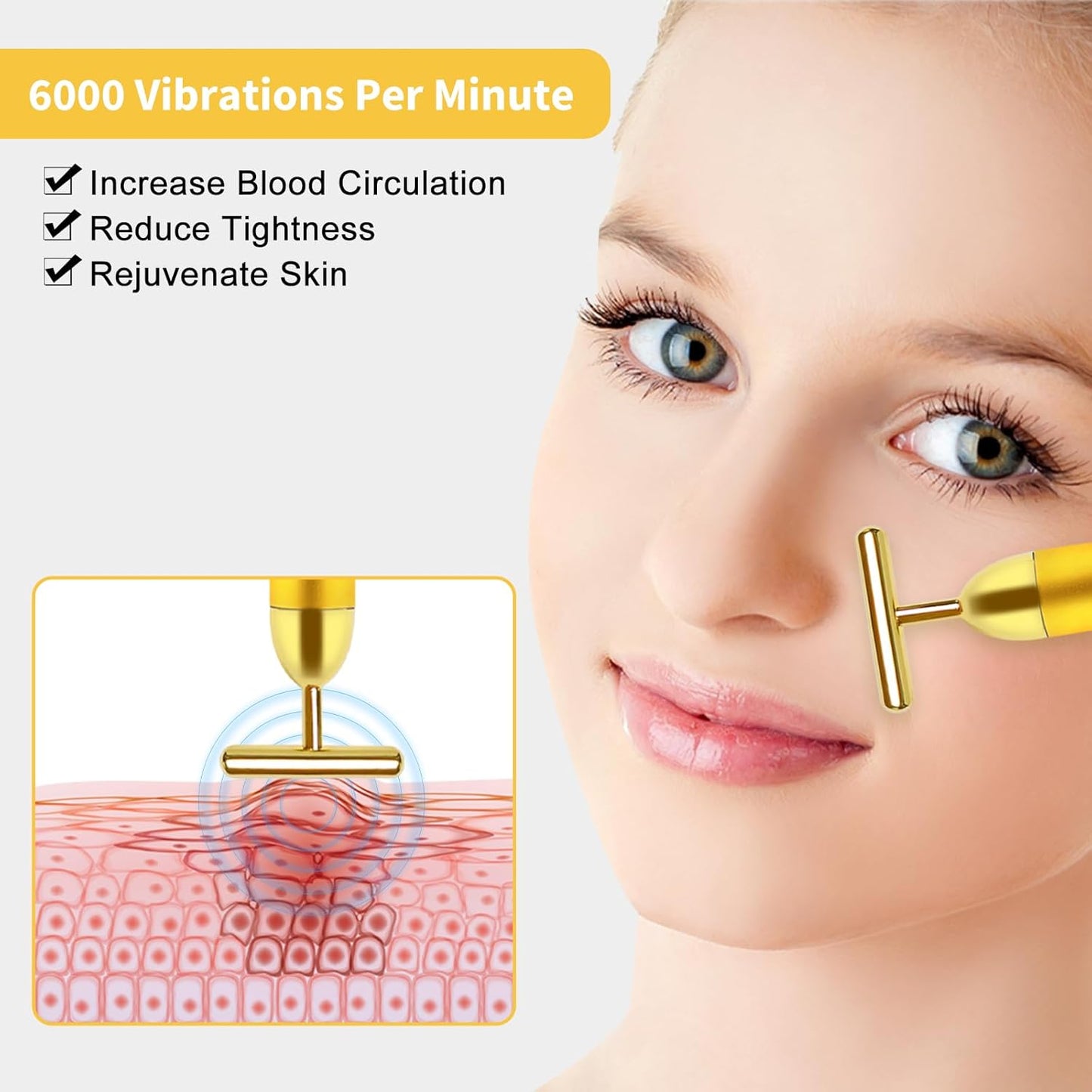 Dluxe Ave. Face Massager Electric Skin Care Tool 24k Golden T Shape Beauty Bar & 3D Roller Massager Vibration Facial Lifting and Body Treatment Tool Kit Reduce Puffiness Improve Wrinkles Anti Aging Device