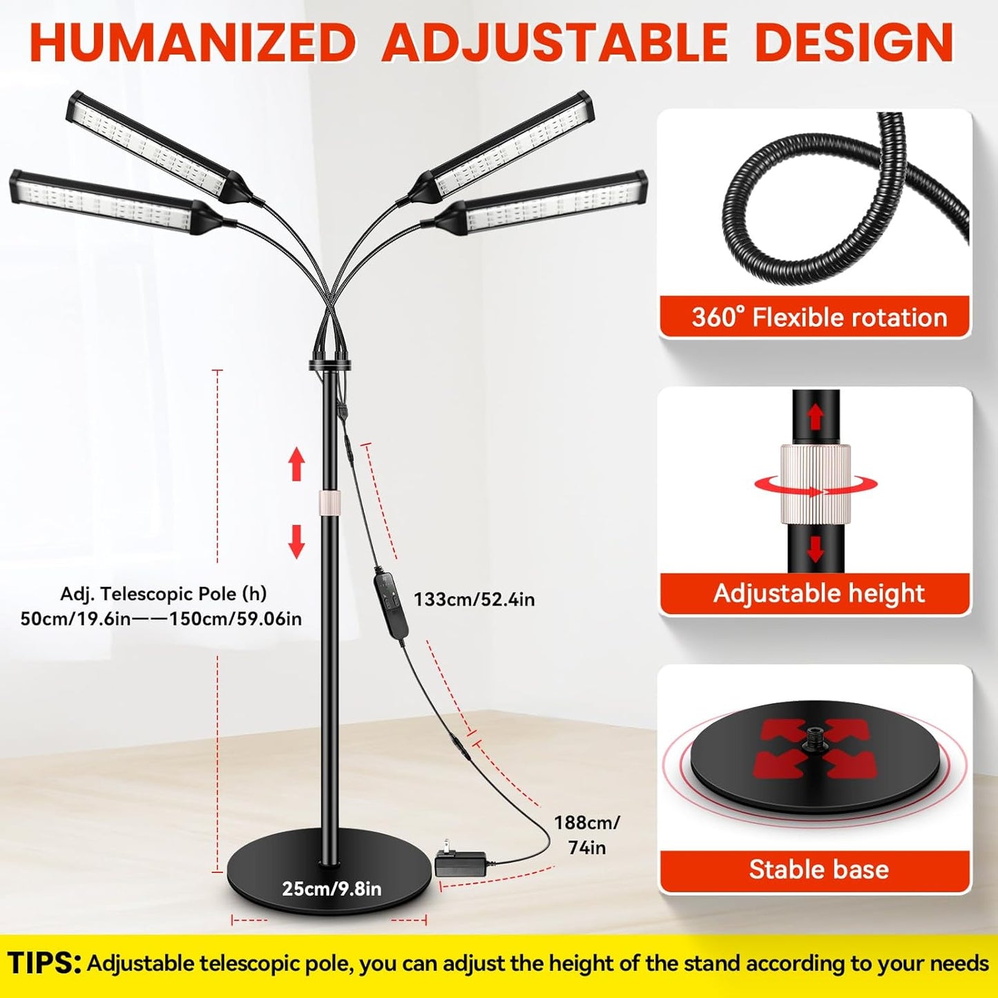 Dluxe Ave.  Red Light Therapy Lamp4 Head/ Infrared Light Therapy for Body Device with Adjustable Stand-660nm