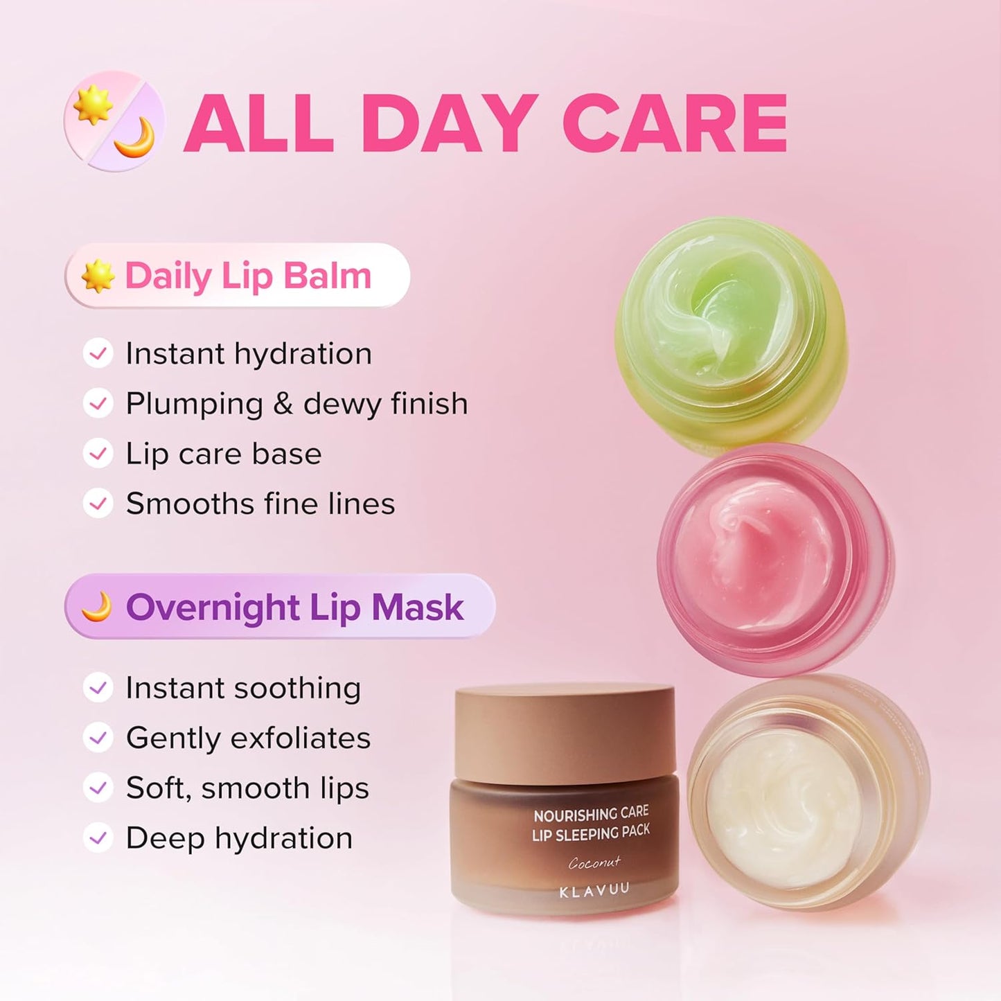 Dluxe Ave. Klavuu Lip Mask Set (2PCS) – Overnight Deep Hydrating Korean Lip Balm Treatment for Very Dry Chapped Lips | Lip Lightening & Plumping with Instant Hydration | Gentle Exfoliating (Berry & Coconut)