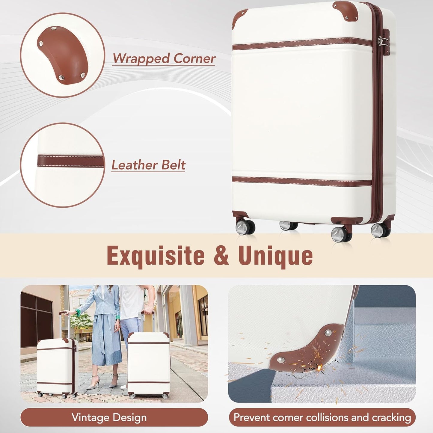 Dluxe Ave. Luggage Suitcase with Spinner Wheels/ TSA Lock/ Vintage/ (White)