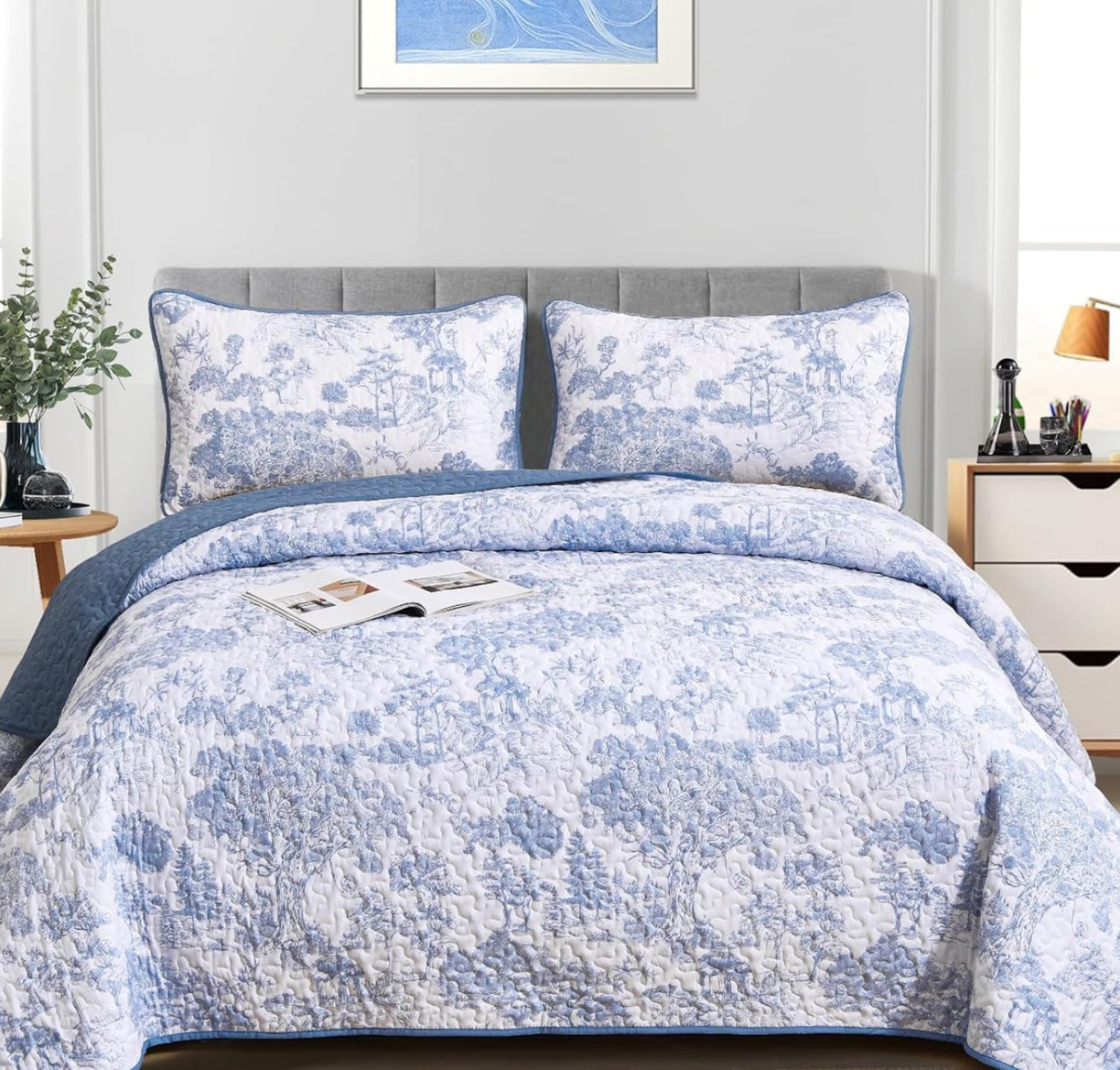 Dluxe Ave. ( FULL)  Blue Quilt 3 Pieces Botanical Bedspreads Set/ for All Seasons/  Blue