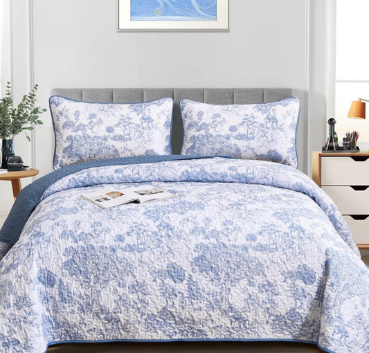 Dluxe Ave. ( FULL)  Blue Quilt 3 Pieces Botanical Bedspreads Set/ for All Seasons/  Blue