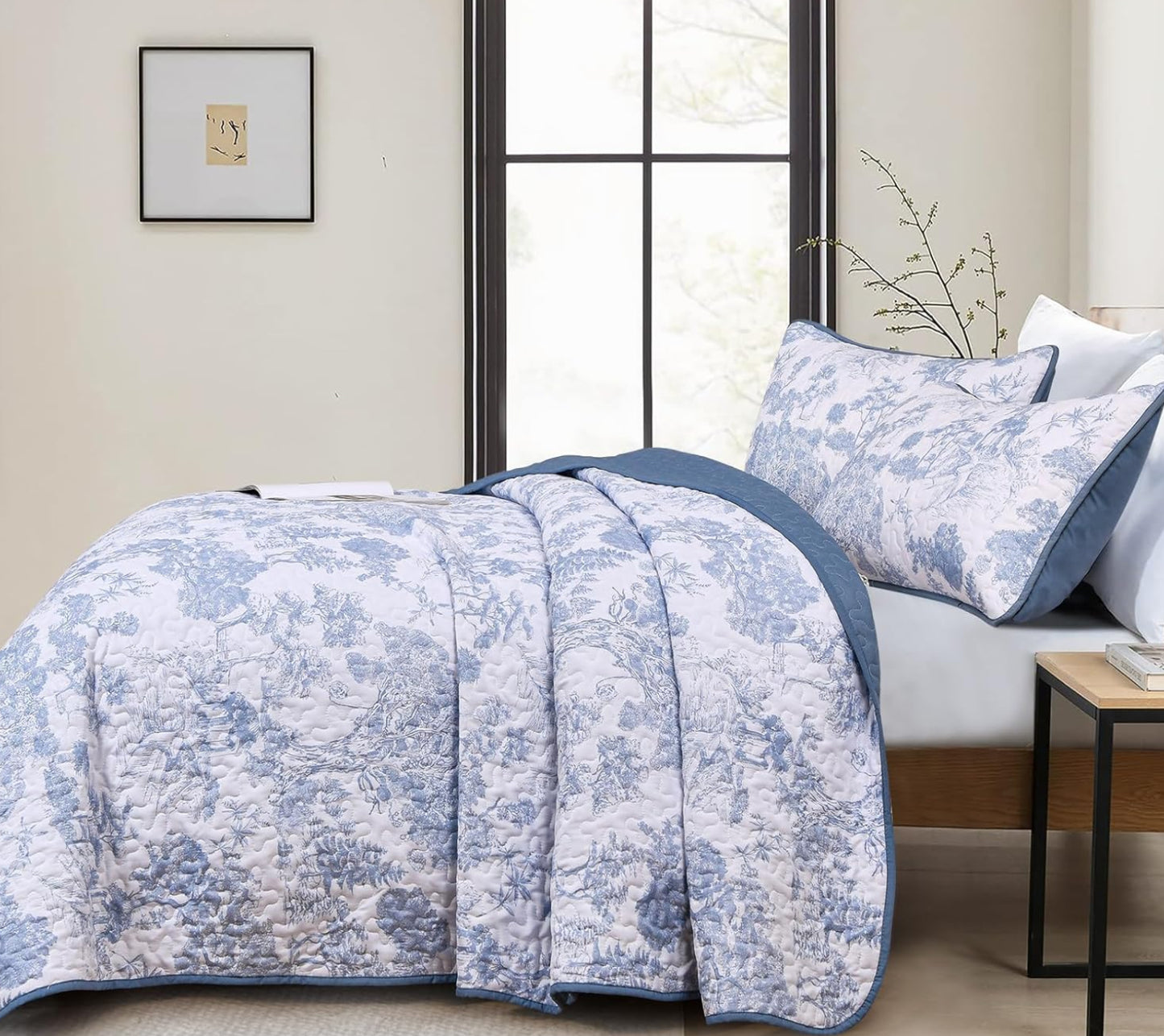 Dluxe Ave. ( FULL)  Blue Quilt 3 Pieces Botanical Bedspreads Set/ for All Seasons/  Blue