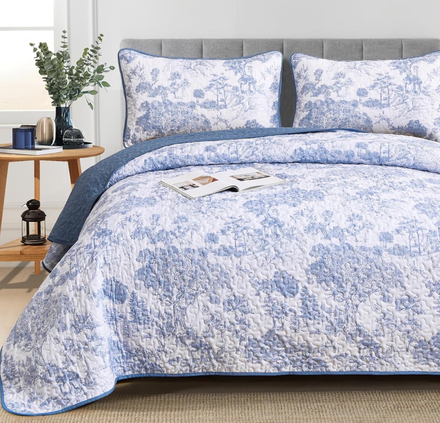 Dluxe Ave. ( FULL)  Blue Quilt 3 Pieces Botanical Bedspreads Set/ for All Seasons/  Blue