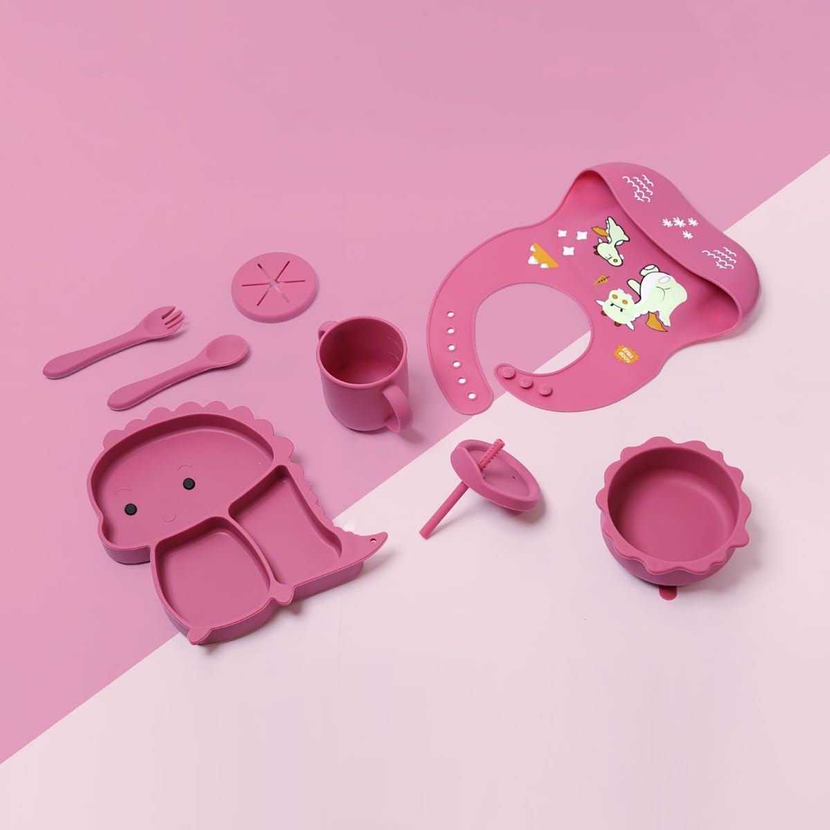 Dluxe Ave.Silicone Baby Feeding Set Baby Led Weaning Supplies Eating Essentials Utensils with Suction Plate and Bowl Pocket Bib Sippy Cup with Lid Forks Spoons Snack Container (Rose Pink) 6M+