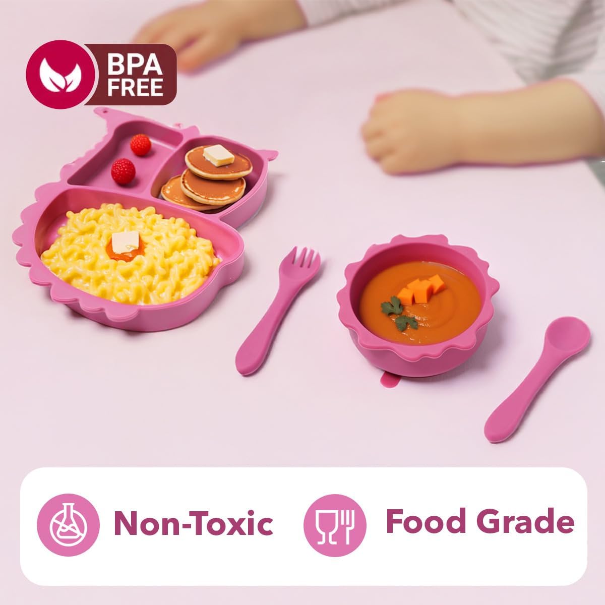 Dluxe Ave.Silicone Baby Feeding Set Baby Led Weaning Supplies Eating Essentials Utensils with Suction Plate and Bowl Pocket Bib Sippy Cup with Lid Forks Spoons Snack Container (Rose Pink) 6M+