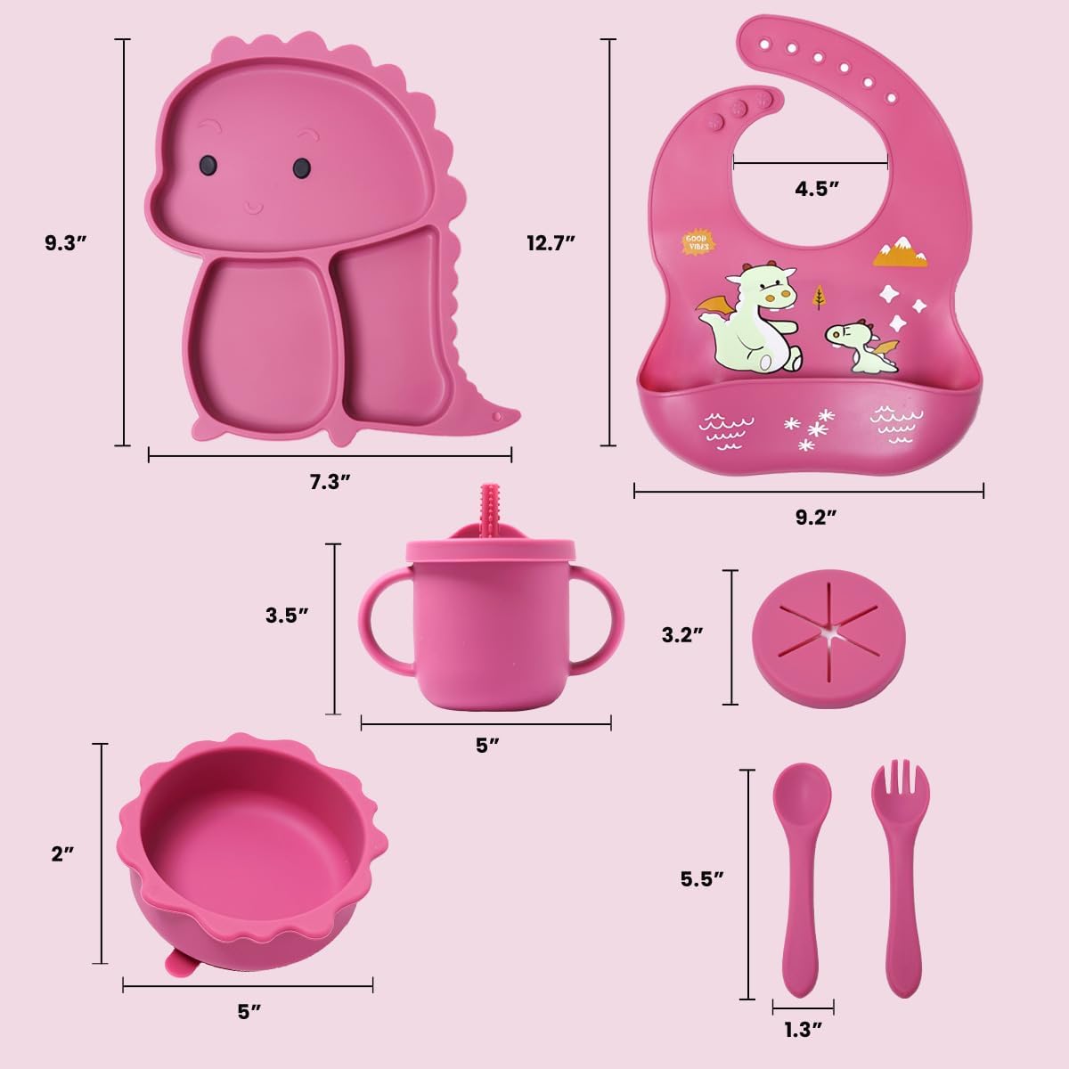 Dluxe Ave.Silicone Baby Feeding Set Baby Led Weaning Supplies Eating Essentials Utensils with Suction Plate and Bowl Pocket Bib Sippy Cup with Lid Forks Spoons Snack Container (Rose Pink) 6M+