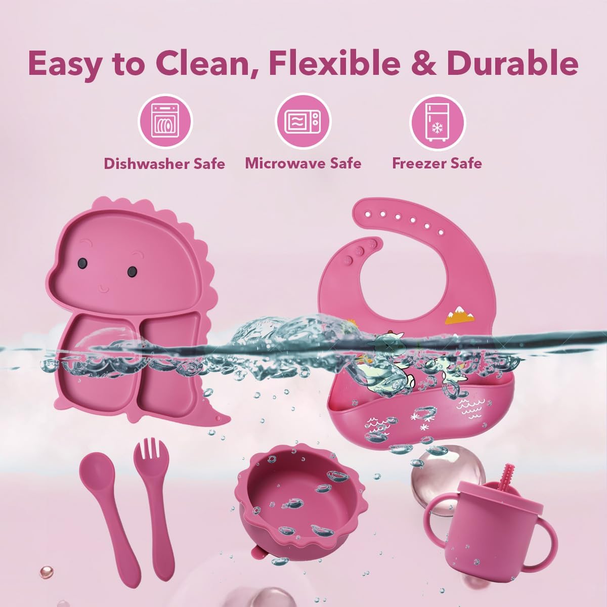Dluxe Ave.Silicone Baby Feeding Set Baby Led Weaning Supplies Eating Essentials Utensils with Suction Plate and Bowl Pocket Bib Sippy Cup with Lid Forks Spoons Snack Container (Rose Pink) 6M+