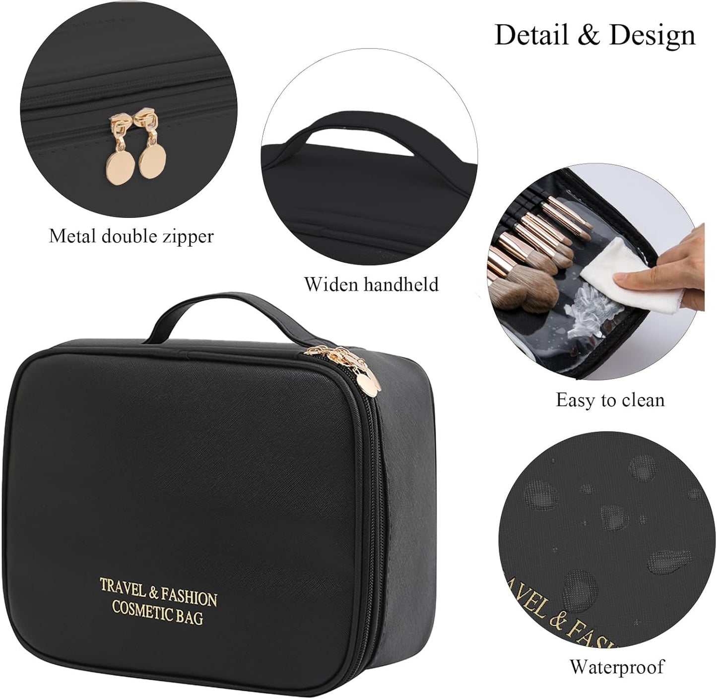 Dluxe Ave. Large Capacity Makeup Bag Double with Removable Divider/ Black