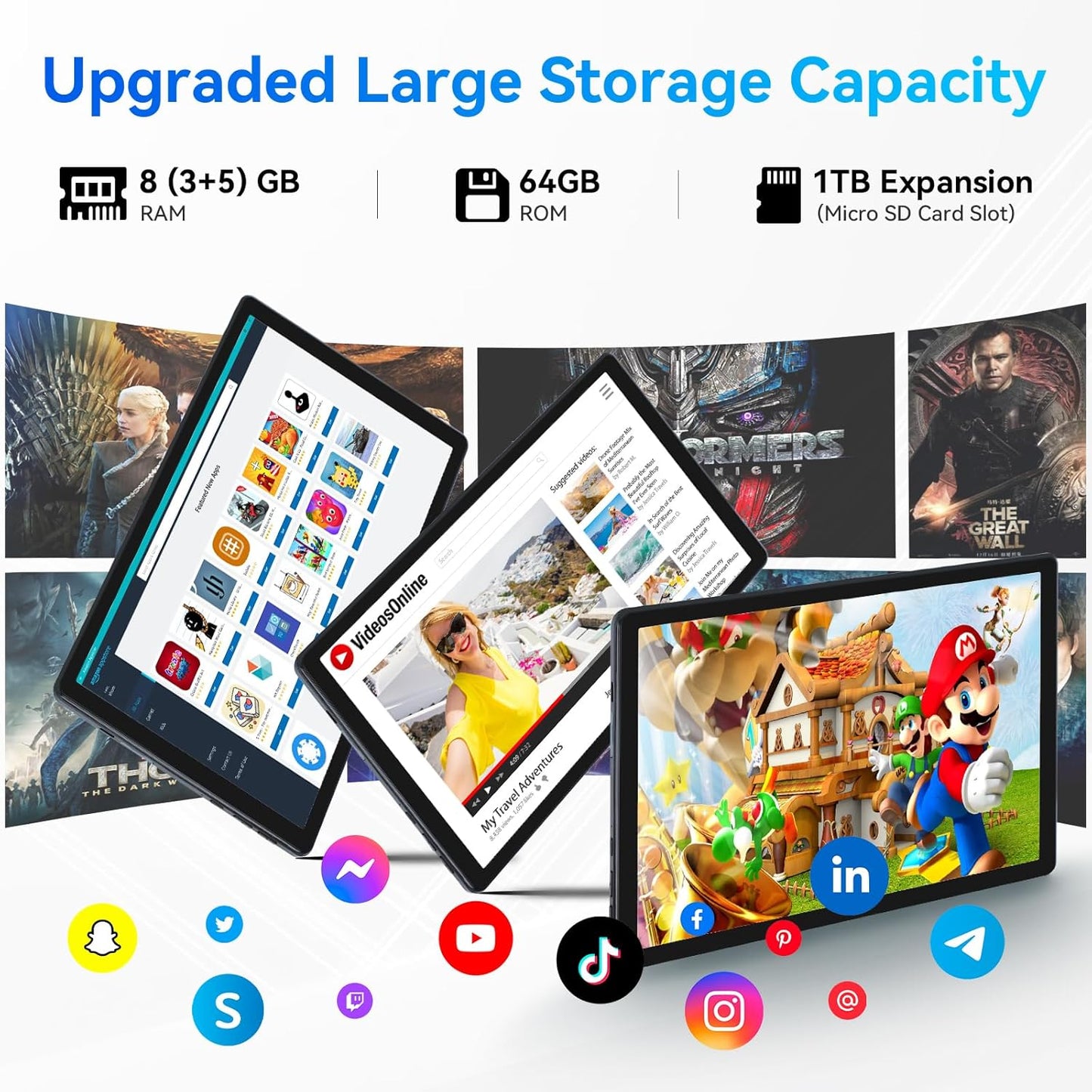 Dluxe Ave. Lville Android 14 Tablet Octa-Core Android Tablet 8GB RAM+64GB ROM (Expand to 1TB) 10 inch Tablet with Bluetooth5.3 WiFi 6 Fast Charging 5MP+8MP Dual Camera 4G Dongle Wireless Internet (Black)